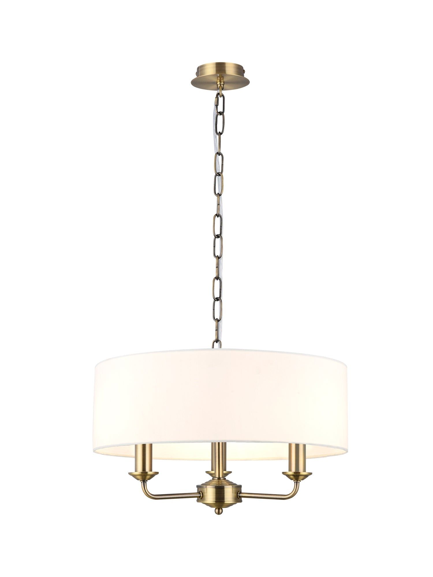 Banyan 3 Light Multi Arm Pendant, c/w 1.5m Chain, E14 Antique Brass c/w 450mm Faux Silk Shade, White