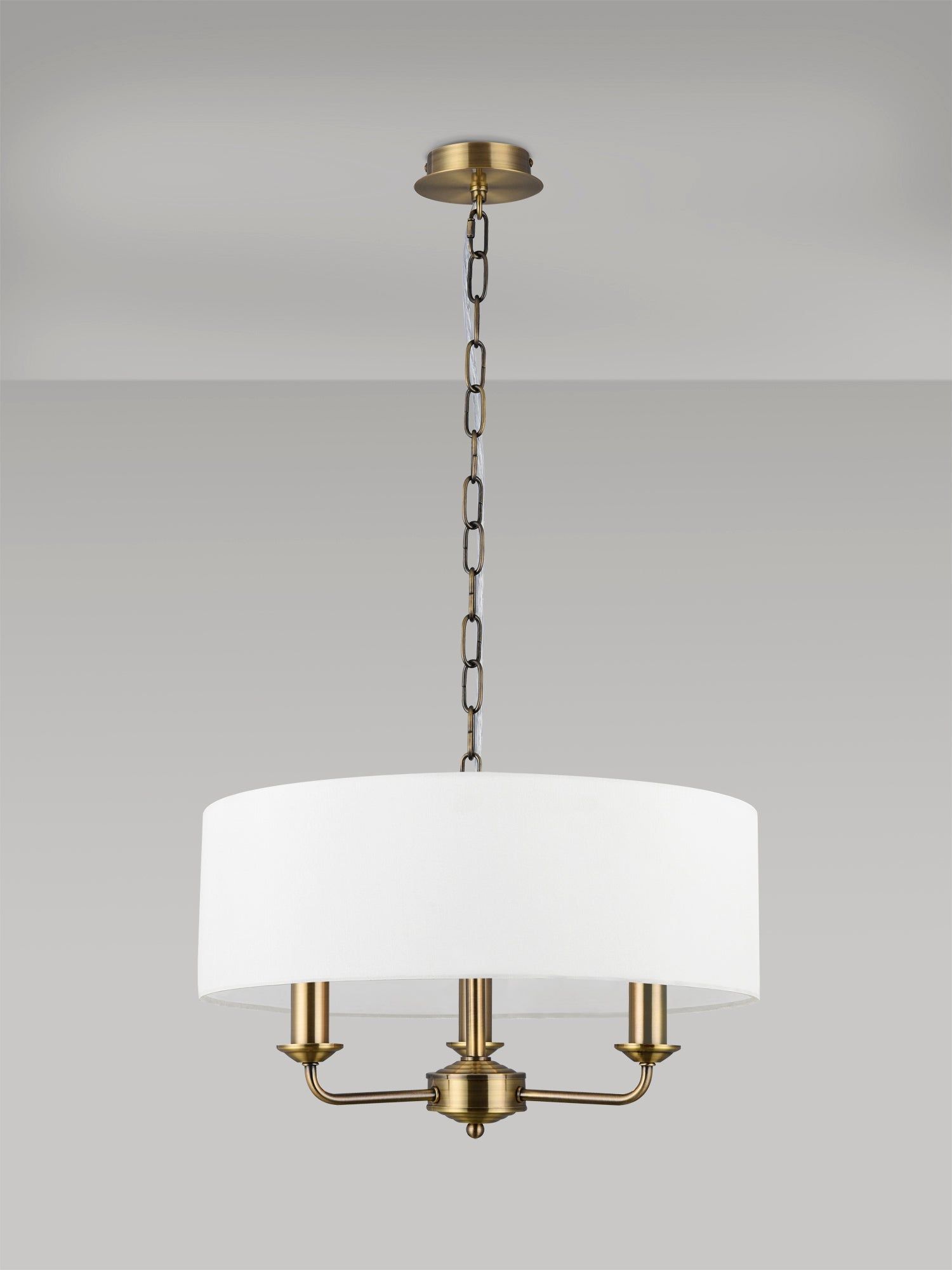 Banyan 3 Light Multi Arm Pendant, c/w 1.5m Chain, E14 Antique Brass c/w 450mm Faux Silk Shade, White
