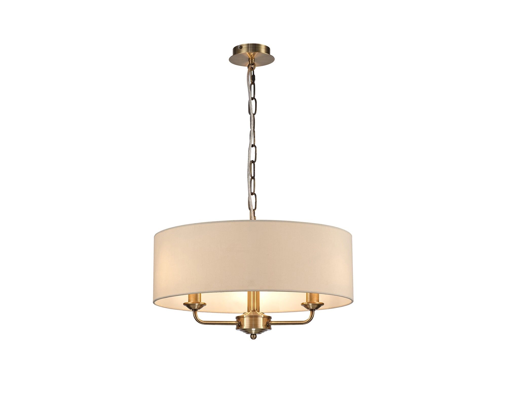 Banyan 3 Light Multi Arm Pendant, c/w 1.5m Chain, E14 Antique Brass c/w 450mm Faux Silk Shade, Ivory Pearl/White Laminate