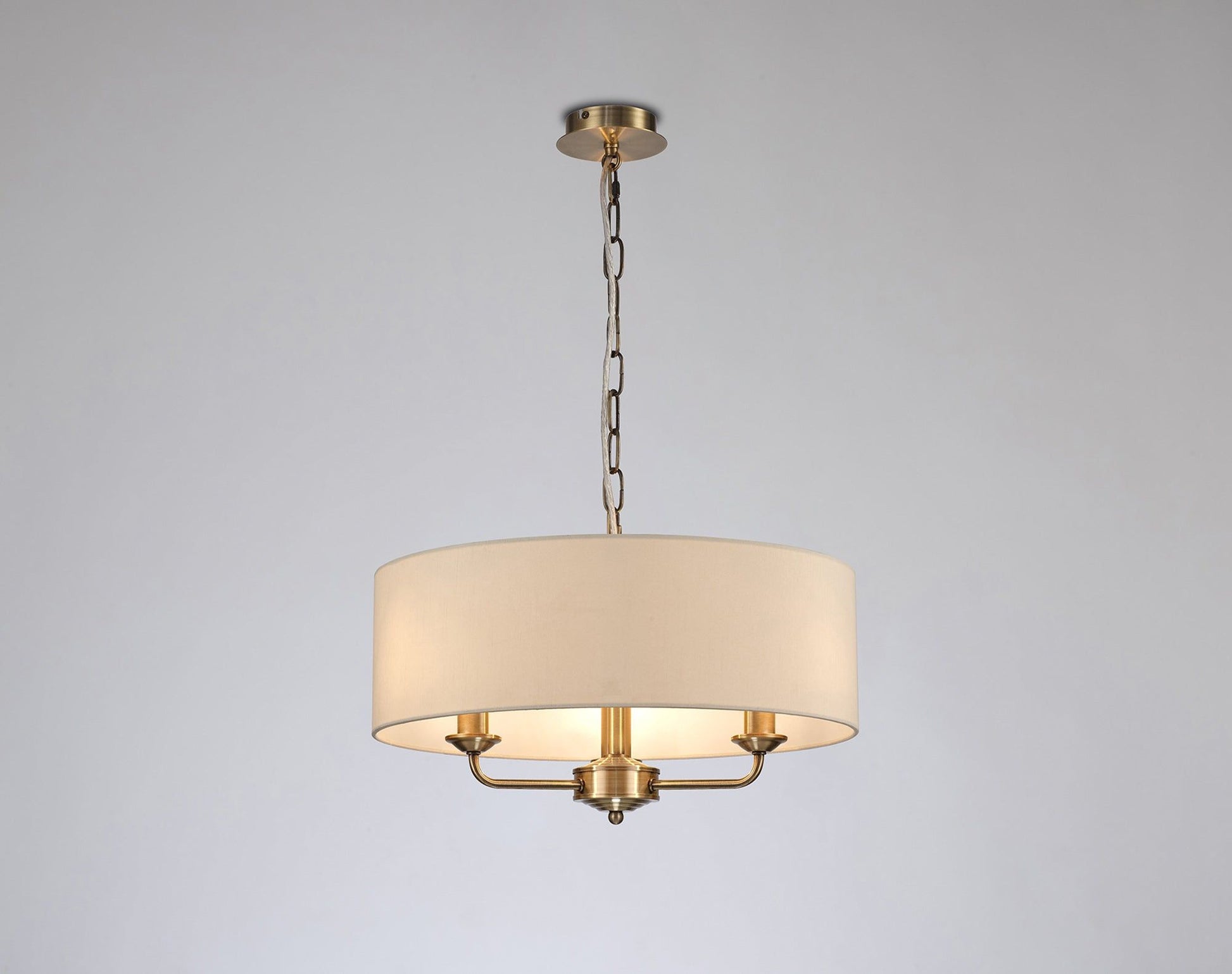 Banyan 3 Light Multi Arm Pendant, c/w 1.5m Chain, E14 Antique Brass c/w 450mm Faux Silk Shade, Ivory Pearl/White Laminate
