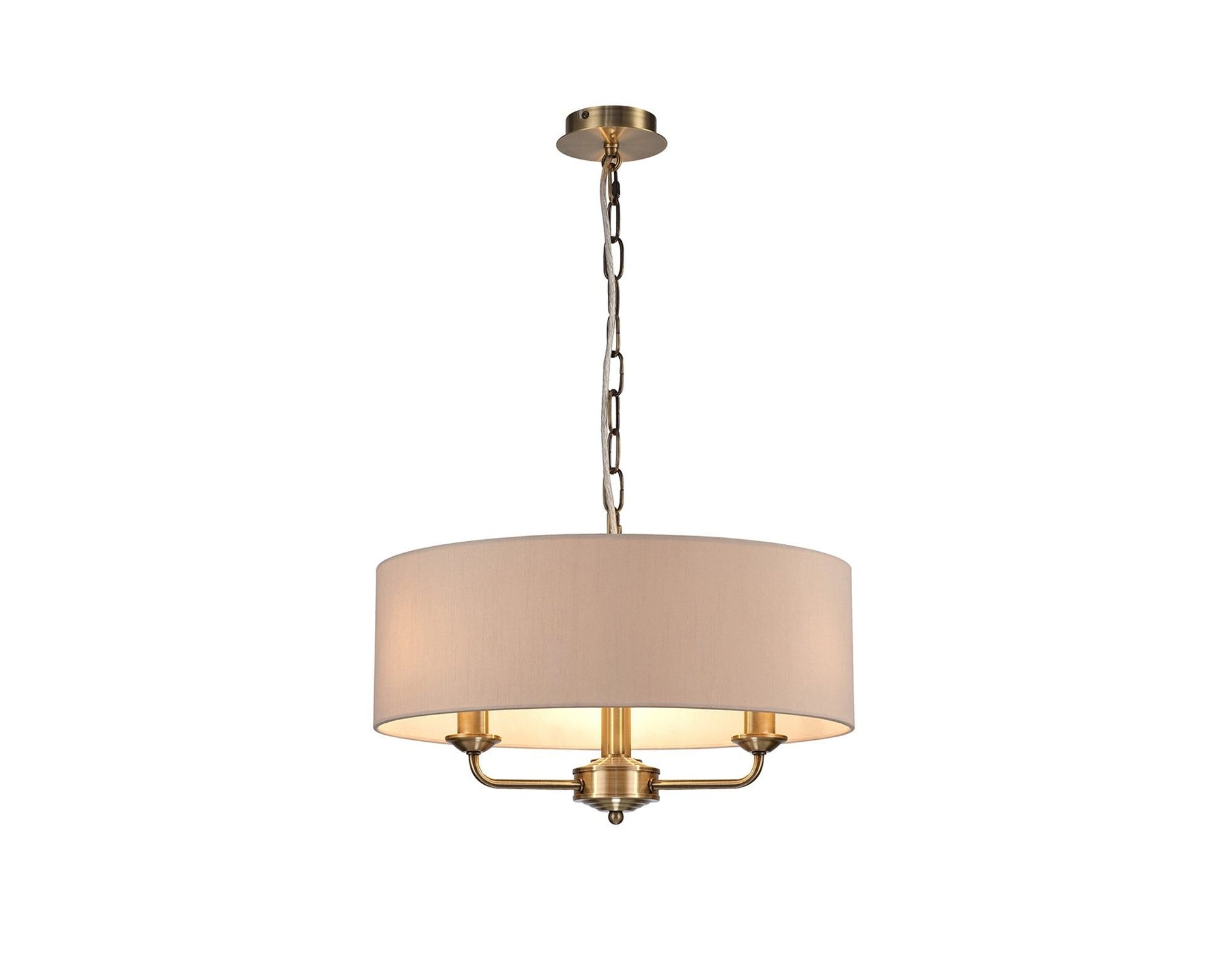 Banyan 3 Light Multi Arm Pendant, c/w 1.5m Chain, E14 Antique Brass c/w 450mm Dual Faux Silk Shade, Nude Beige/Moonlight