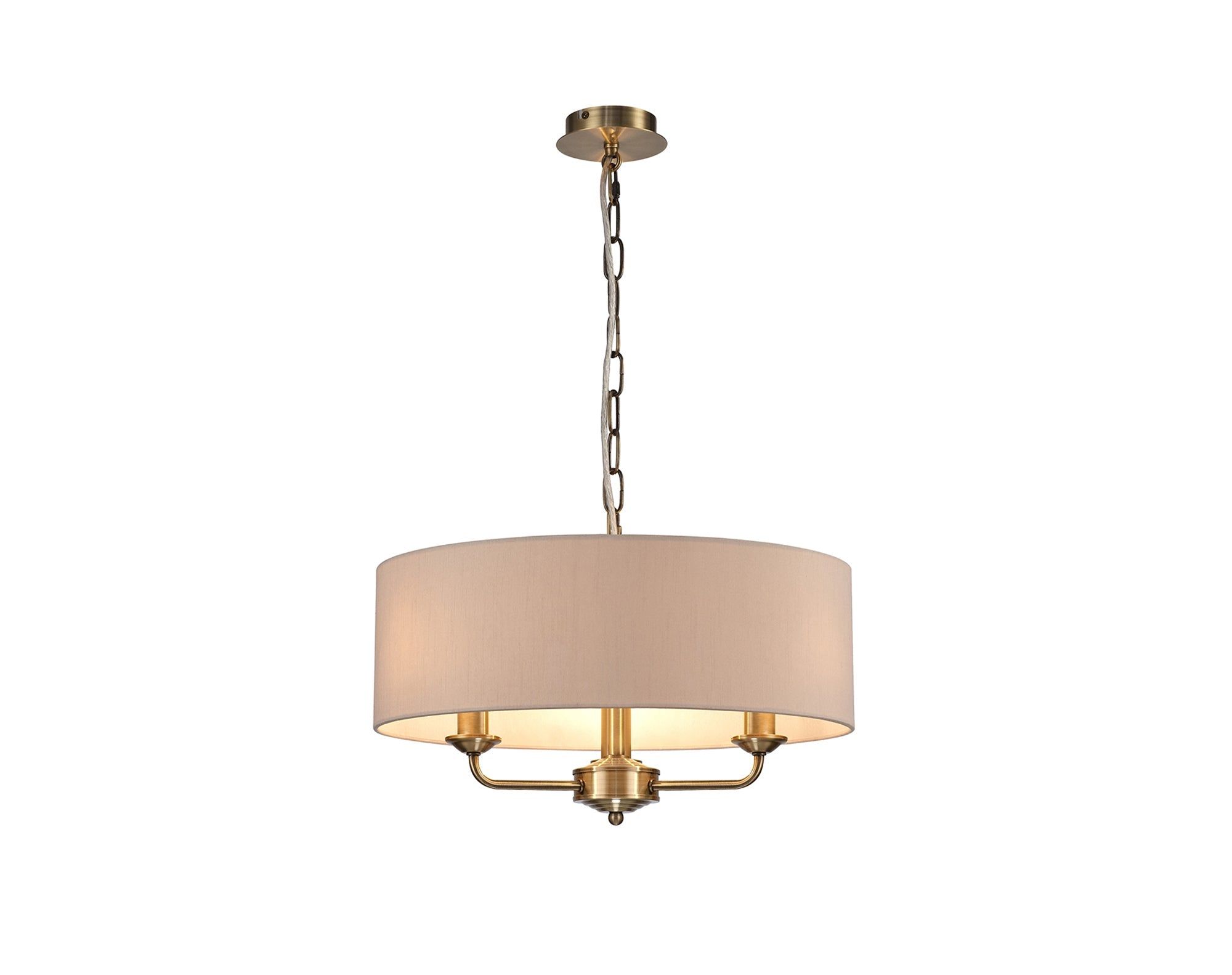 Banyan 3 Light Multi Arm Pendant, c/w 1.5m Chain, E14 Antique Brass c/w 450mm Dual Faux Silk Shade, Nude Beige/Moonlight