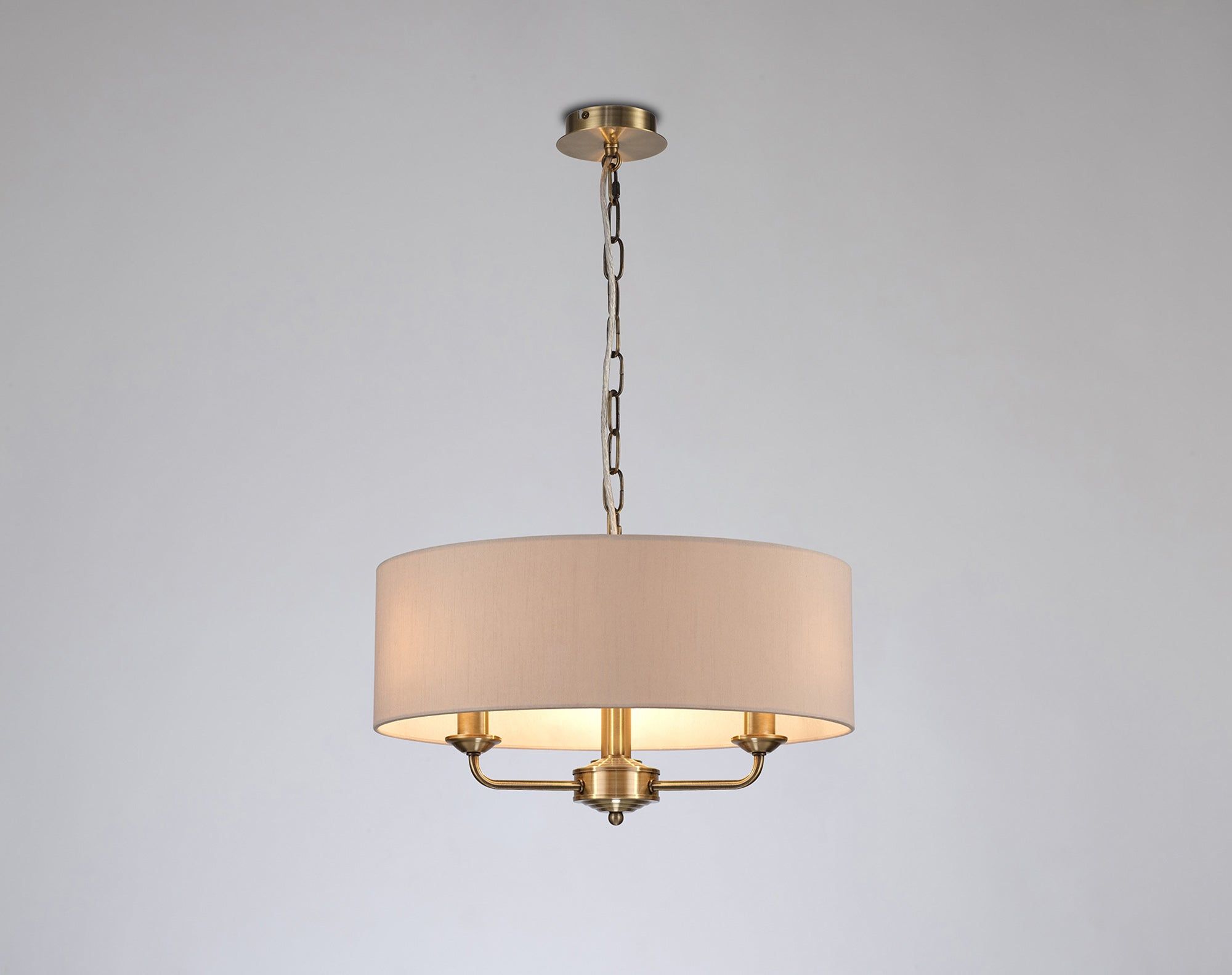 Banyan 3 Light Multi Arm Pendant, c/w 1.5m Chain, E14 Antique Brass c/w 450mm Dual Faux Silk Shade, Nude Beige/Moonlight