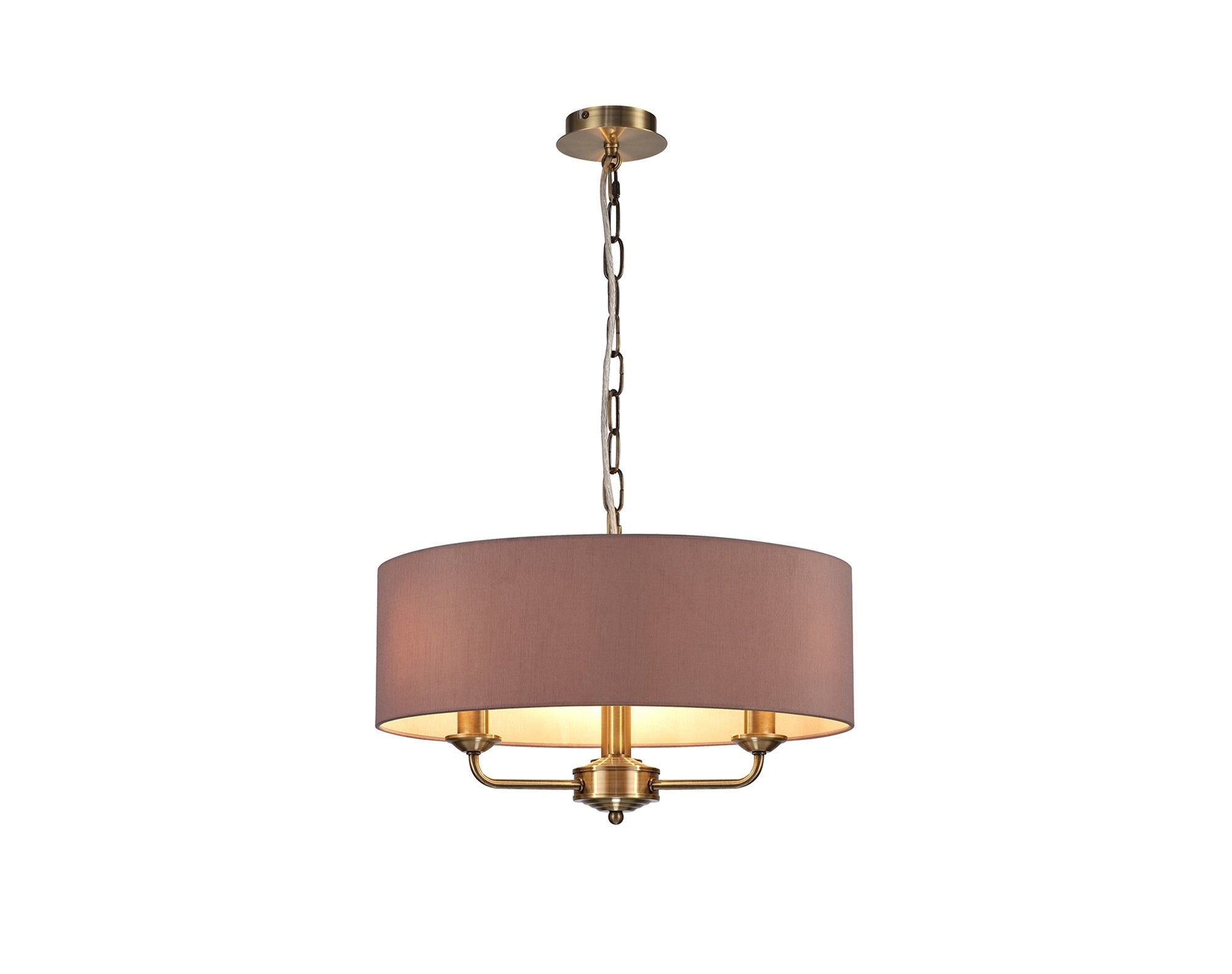 Banyan 3 Light Multi Arm Pendant, c/w 1.5m Chain, E14 Antique Brass c/w 450mm Dual Faux Silk Shade, Taupe/Halo Gold