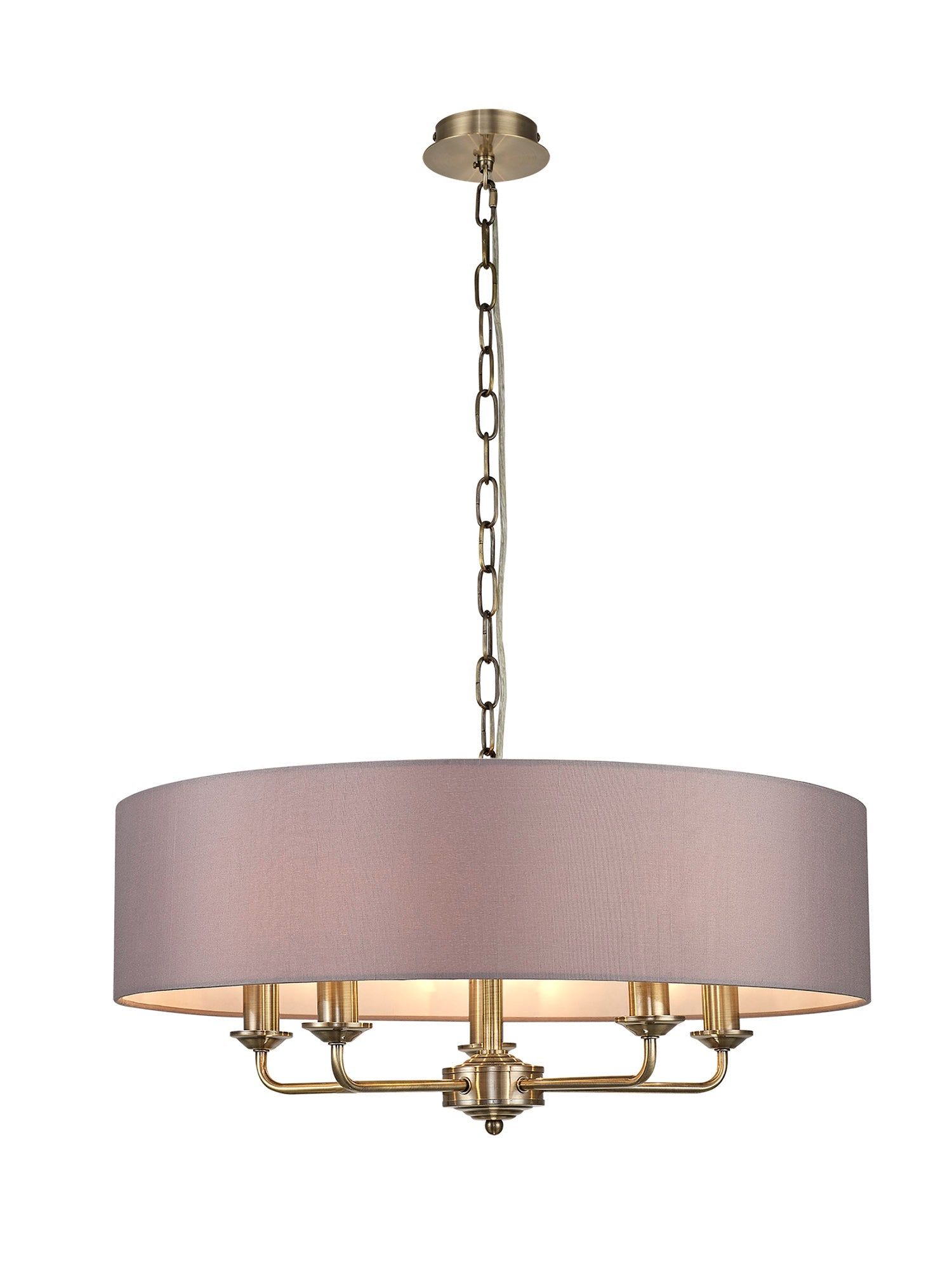 Banyan 5 Light Multi Arm Pendant, c/w 1.5m Chain, E14 Antique Brass c/w 600mm Faux Silk Shade, Grey