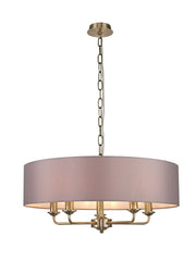 Banyan 5 Light Multi Arm Pendant, c/w 1.5m Chain, E14 Antique Brass c/w 600mm Faux Silk Shade, Grey