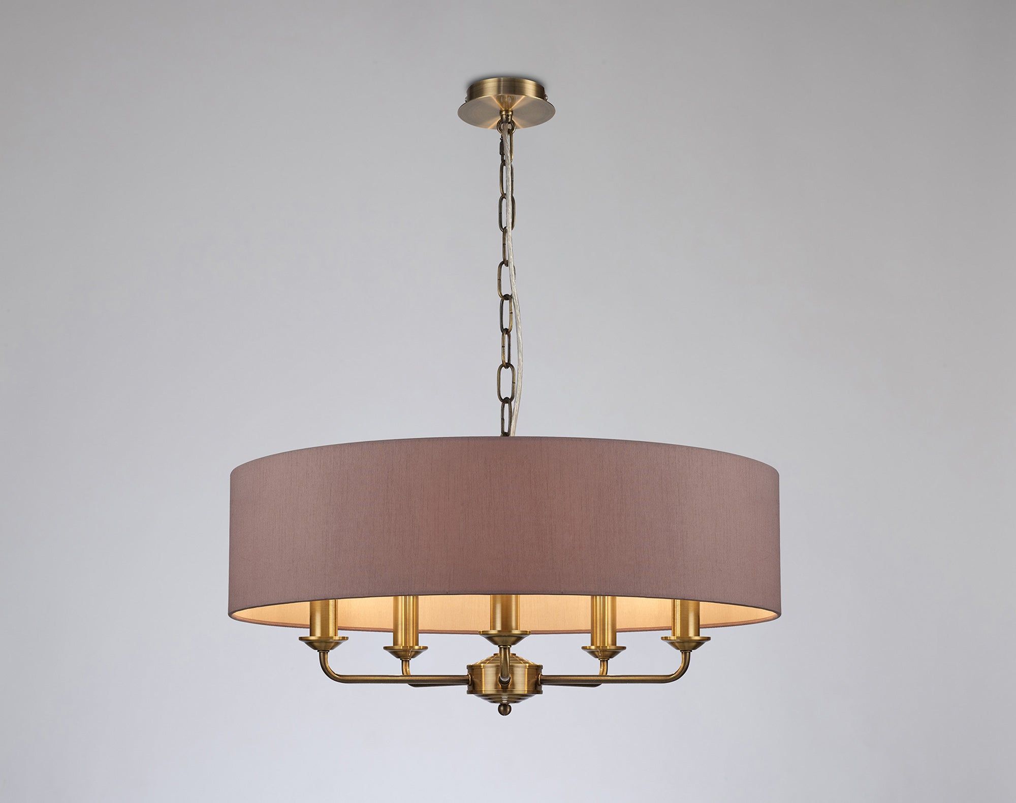 Banyan 5 Light Multi Arm Pendant, c/w 1.5m Chain, E14 Antique Brass c/w 600mm Dual Faux Silk Shade, Taupe/Halo Gold