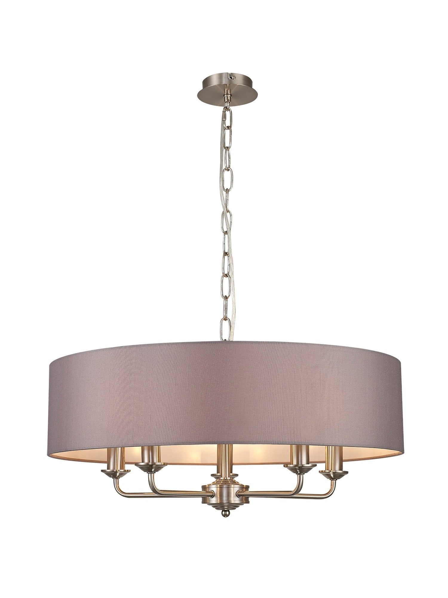 Banyan 5 Light Multi Arm Pendant, c/w 1.5m Chain, E14 Satin Nickel c/w 600mm Faux Silk Shade, Grey