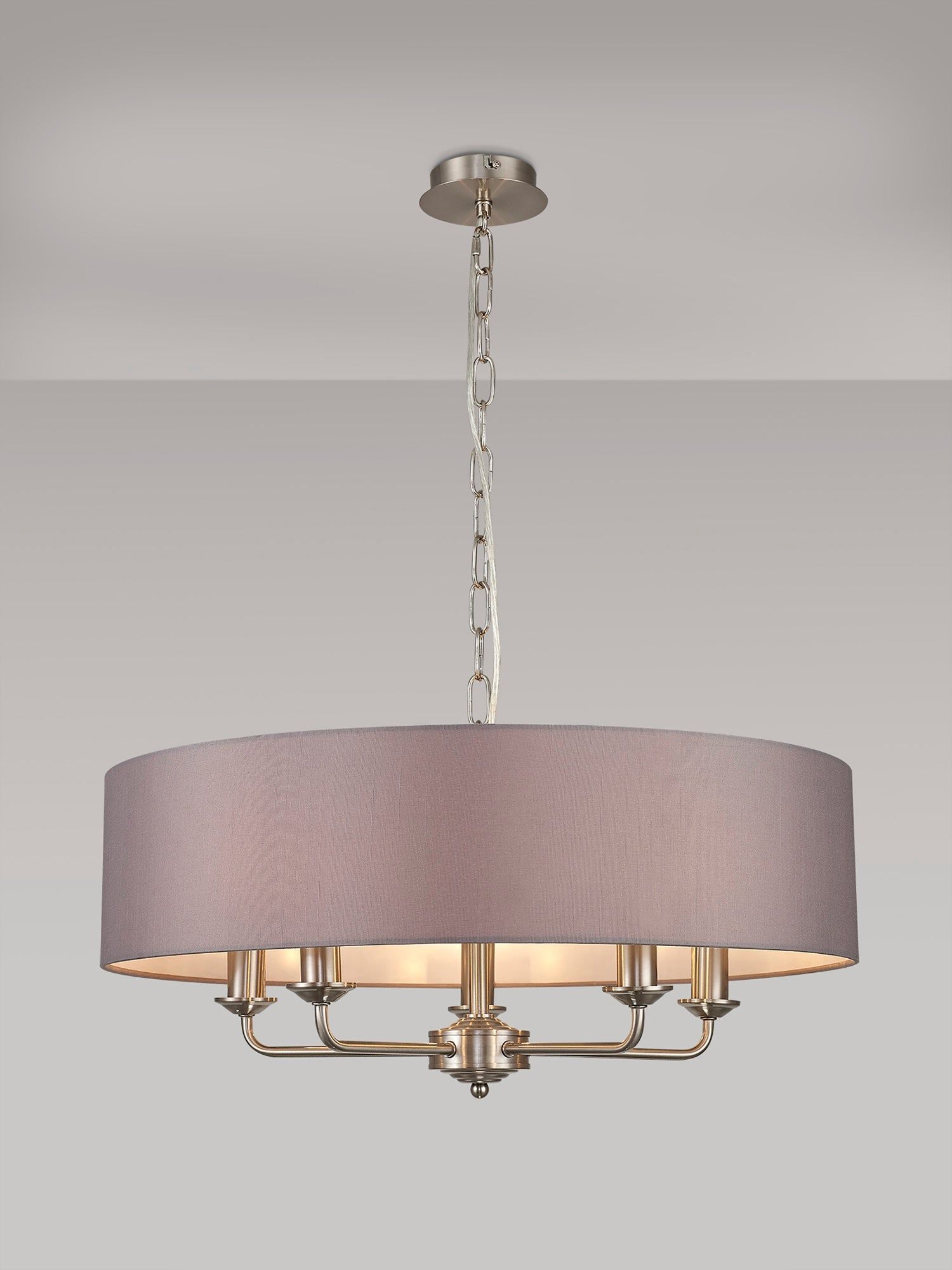 Banyan 5 Light Multi Arm Pendant, c/w 1.5m Chain, E14 Satin Nickel c/w 600mm Faux Silk Shade, Grey