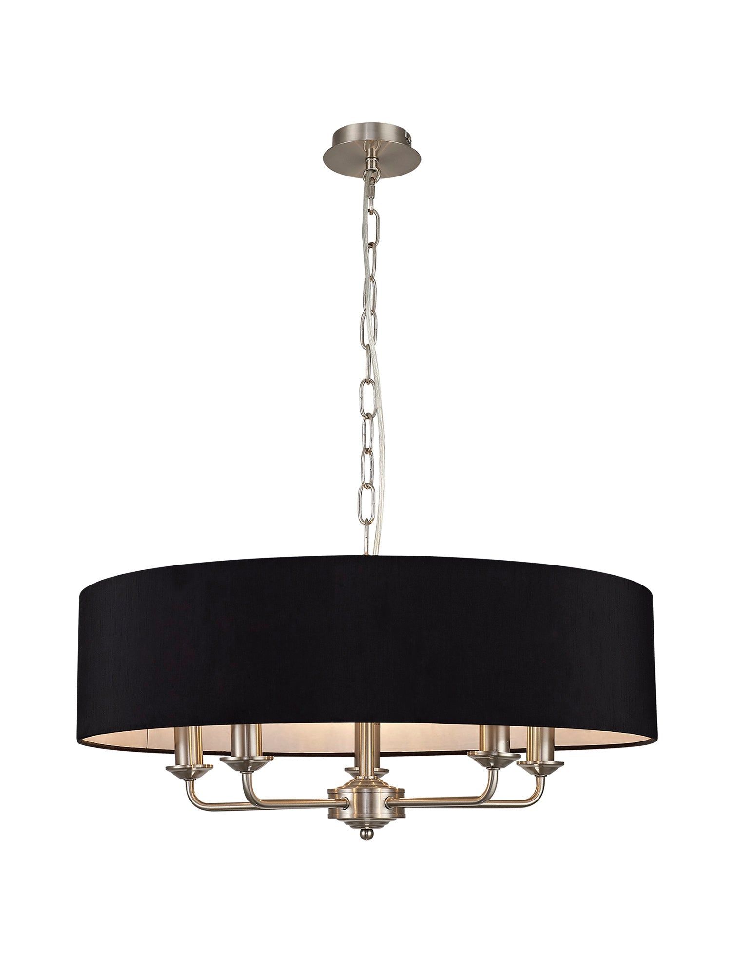 Banyan 5 Light Multi Arm Pendant, c/w 1.5m Chain, E14 Satin Nickel c/w 600mm Faux Silk Shade, black