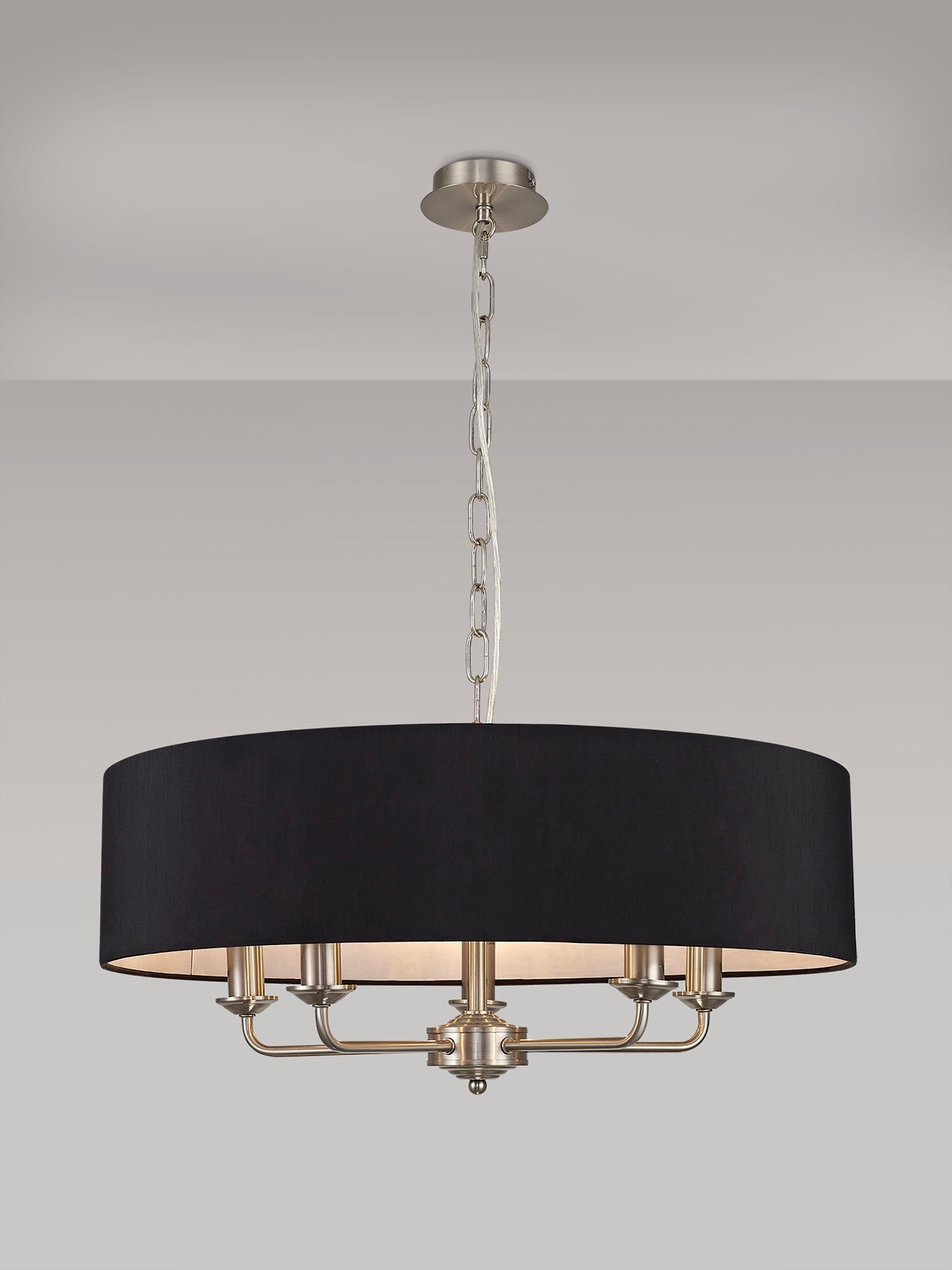 Banyan 5 Light Multi Arm Pendant, c/w 1.5m Chain, E14 Satin Nickel c/w 600mm Faux Silk Shade, black