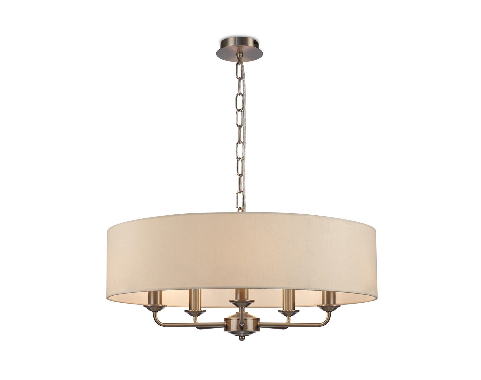 Banyan 5 Light Multi Arm Pendant, c/w 1.5m Chain, E14 Satin Nickel c/w 600mm Faux Silk Shade, Ivory Pearl/White Laminate