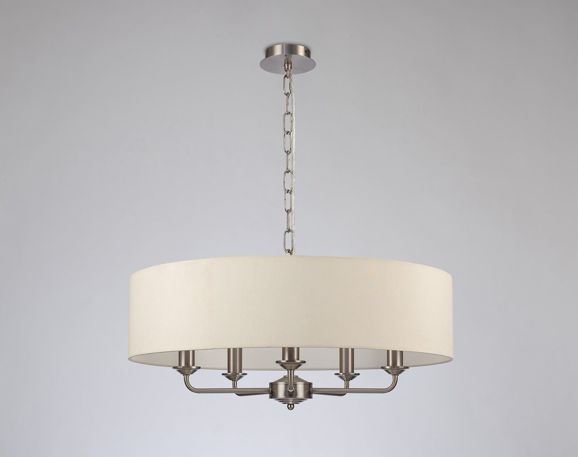 Banyan 5 Light Multi Arm Pendant, c/w 1.5m Chain, E14 Satin Nickel c/w 600mm Faux Silk Shade, Ivory Pearl/White Laminate