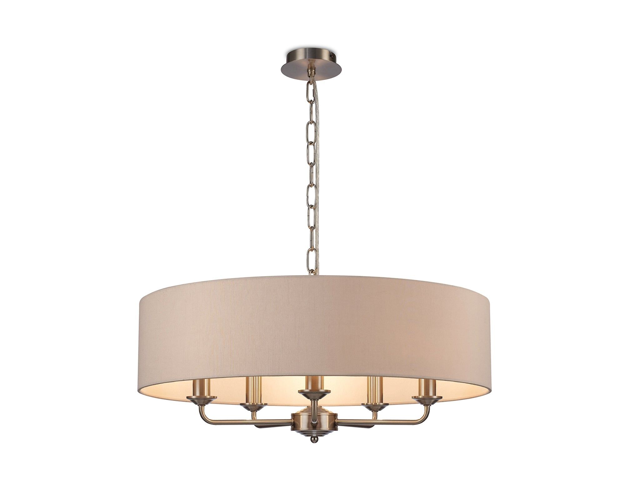 Banyan 5 Light Multi Arm Pendant, c/w 1.5m Chain, E14 Satin Nickel c/w 600mm Dual Faux Silk Shade, Nude Beige/Moonlight