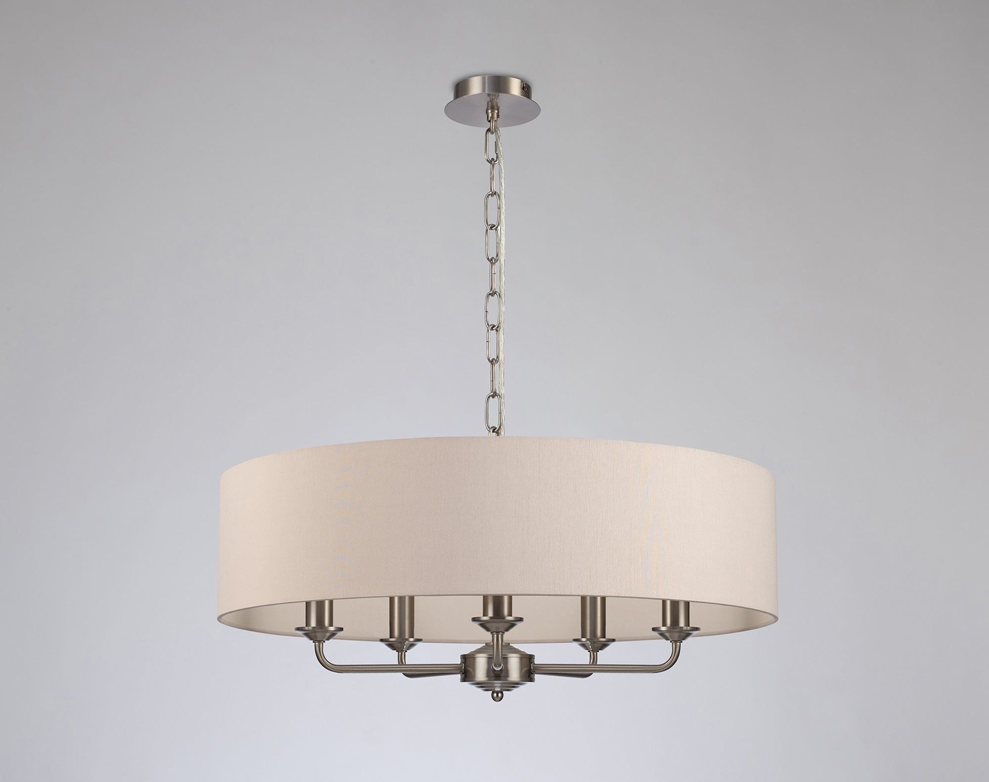 Banyan 5 Light Multi Arm Pendant, c/w 1.5m Chain, E14 Satin Nickel c/w 600mm Dual Faux Silk Shade, Nude Beige/Moonlight