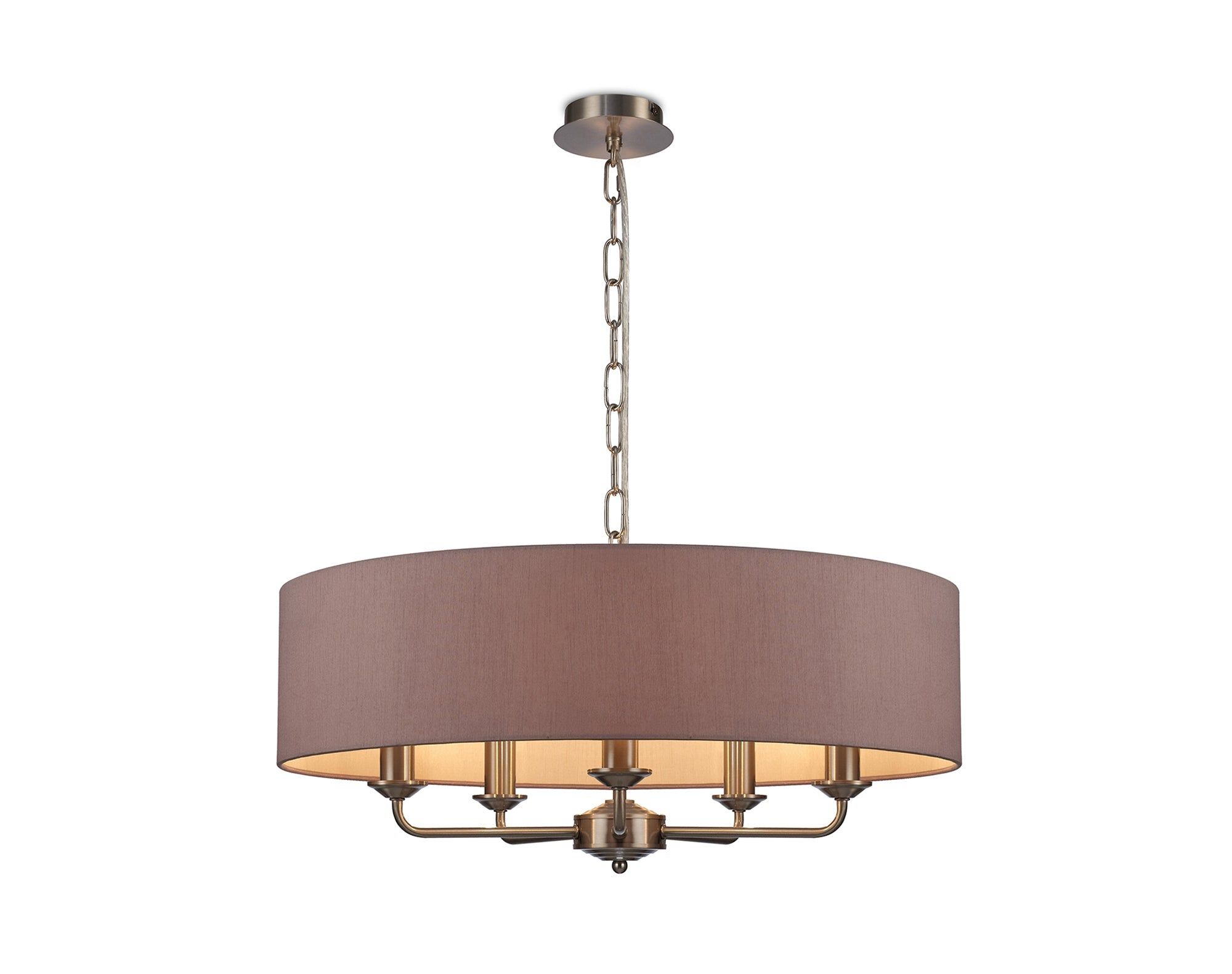 Banyan 5 Light Multi Arm Pendant, c/w 1.5m Chain, E14 Satin Nickel c/w 600mm Dual Faux Silk Shade, Taupe/Halo Gold