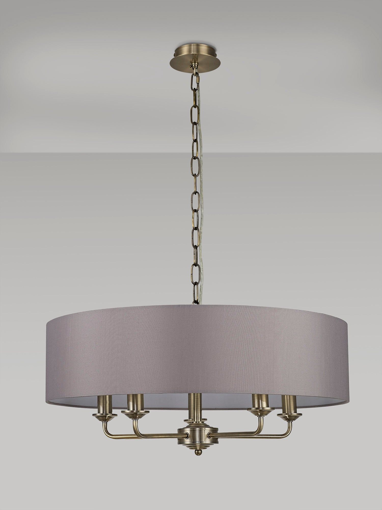 Banyan 5 Light Multi Arm Pendant, c/w 1.5m Chain, E14 Antique Brass c/w 600mm Faux Silk Shade, Grey