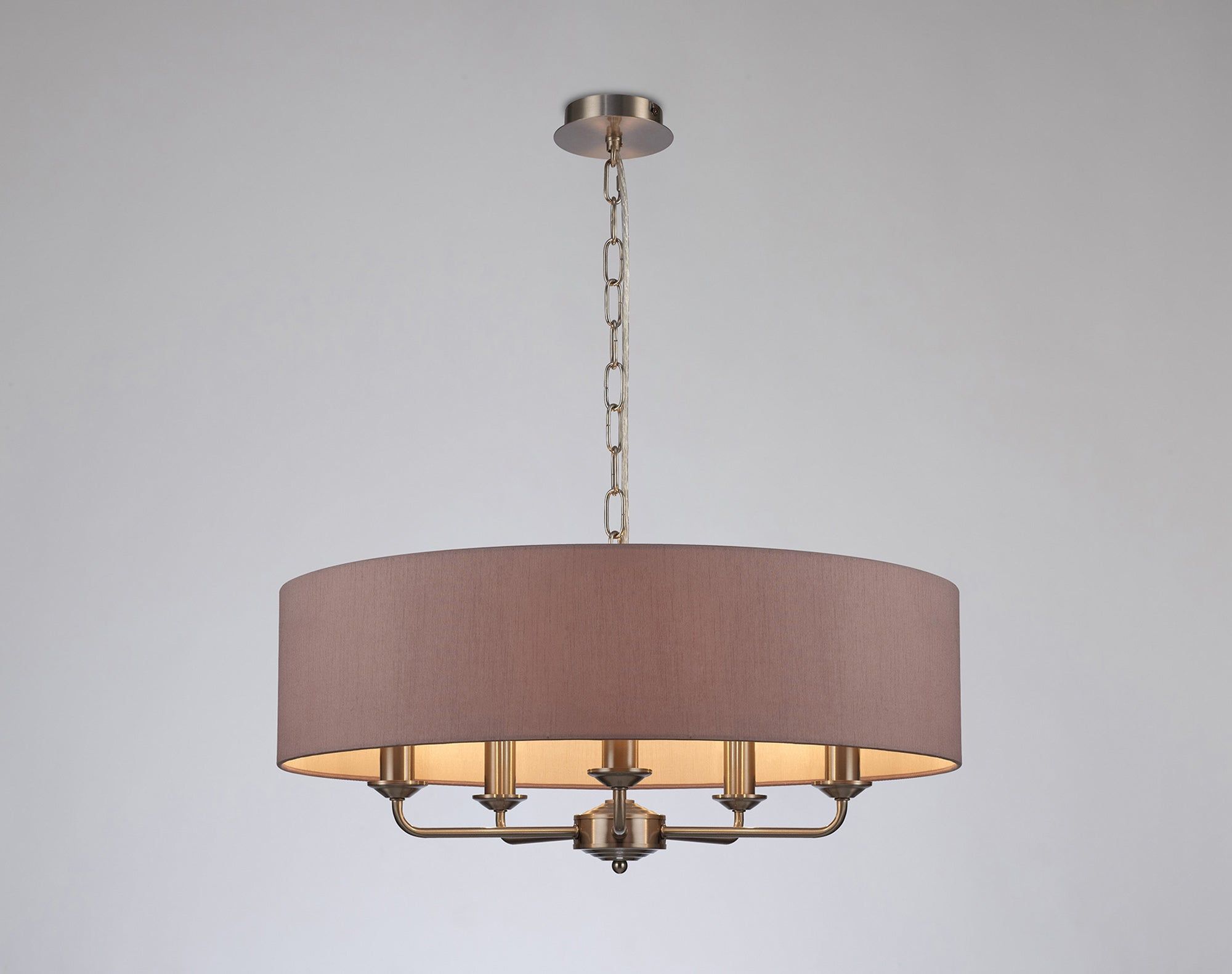 Banyan 5 Light Multi Arm Pendant, c/w 1.5m Chain, E14 Satin Nickel c/w 600mm Dual Faux Silk Shade, Taupe/Halo Gold