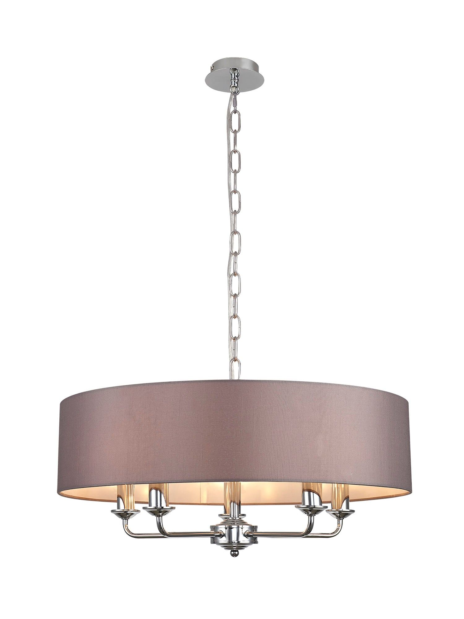 Banyan 5 Light Multi Arm Pendant, c/w 1.5m Chain, E14 Polished Chrome c/w 600mm Faux Silk Shade, Grey