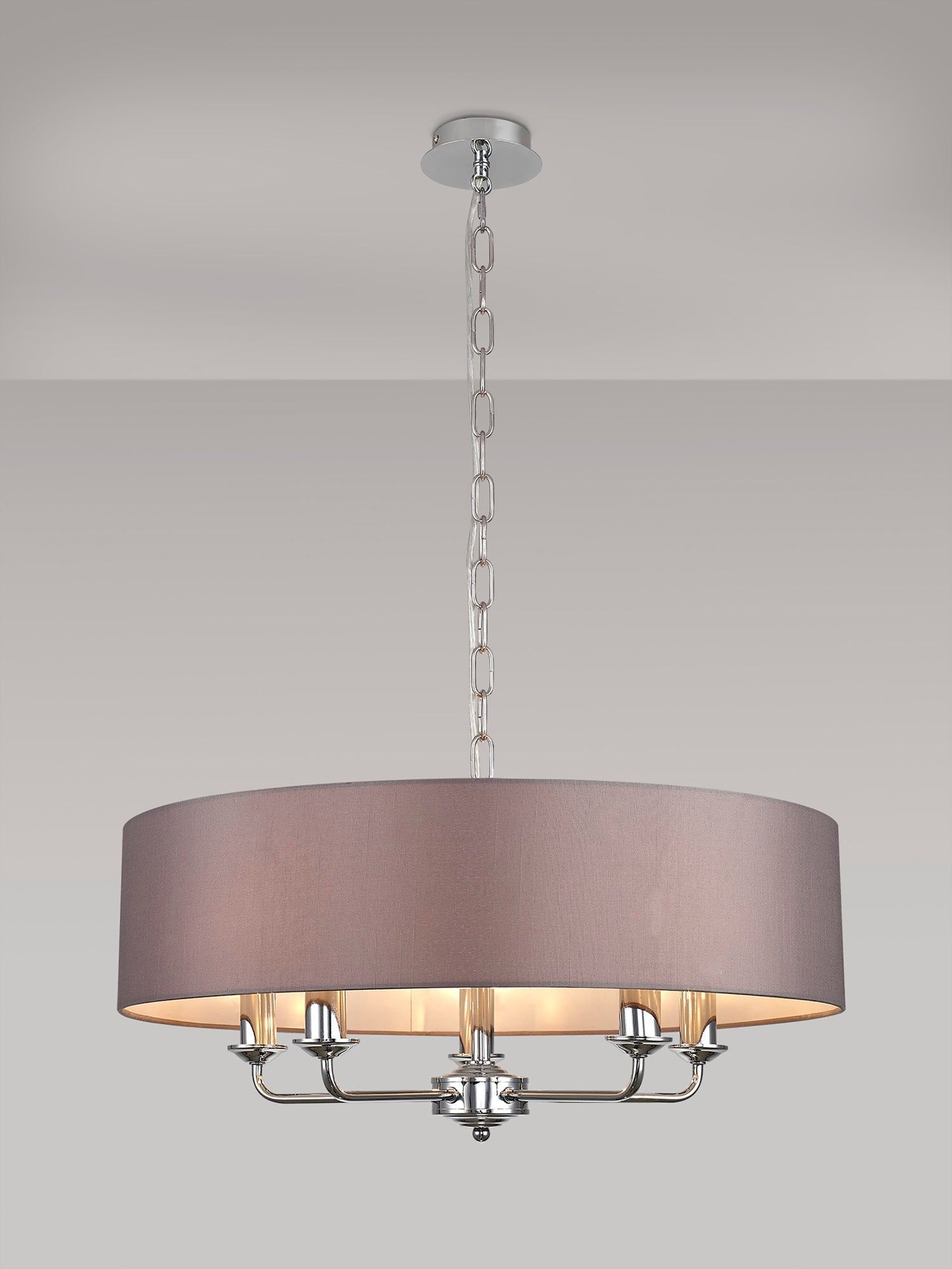 Banyan 5 Light Multi Arm Pendant, c/w 1.5m Chain, E14 Polished Chrome c/w 600mm Faux Silk Shade, Grey