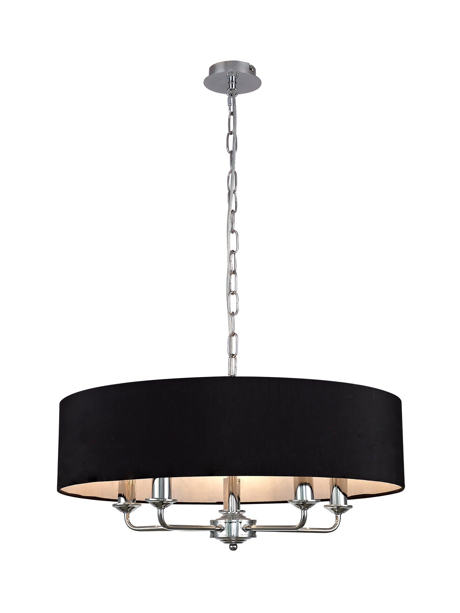 Banyan 5 Light Multi Arm Pendant, c/w 1.5m Chain, E14 Polished Chrome c/w 600mm Faux Silk Shade, black