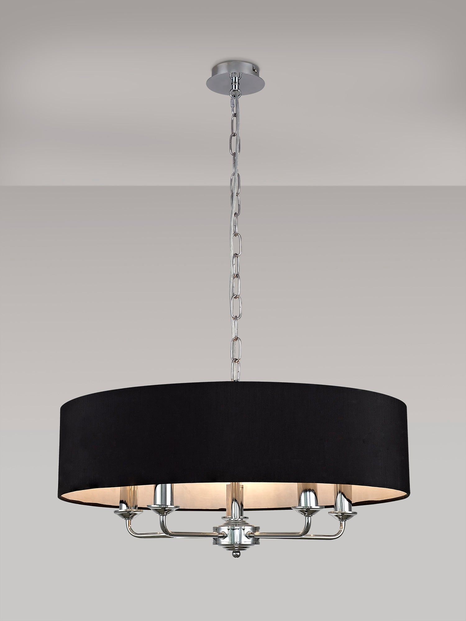 Banyan 5 Light Multi Arm Pendant, c/w 1.5m Chain, E14 Polished Chrome c/w 600mm Faux Silk Shade, black