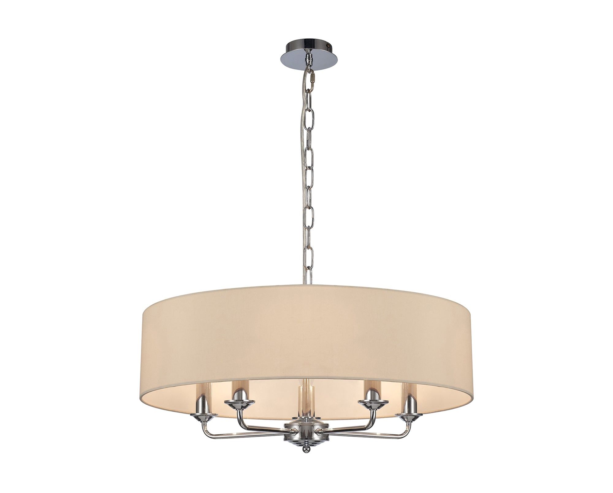 Banyan 5 Light Multi Arm Pendant, c/w 1.5m Chain, E14 Polished Chrome c/w 600mm Faux Silk Shade, Ivory Pearl/White Laminate