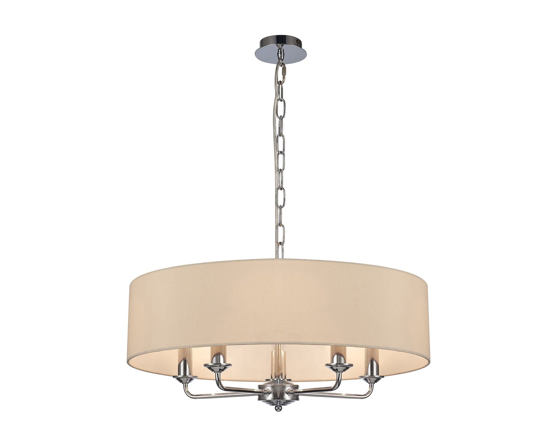 Banyan 5 Light Multi Arm Pendant, c/w 1.5m Chain, E14 Polished Chrome c/w 600mm Faux Silk Shade, Ivory Pearl/White Laminate