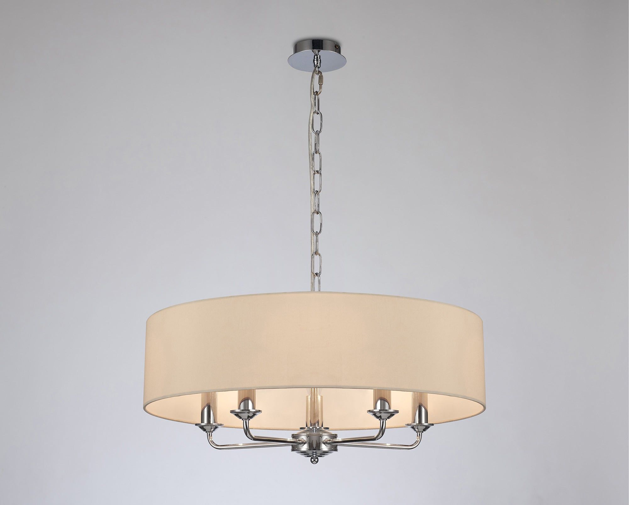 Banyan 5 Light Multi Arm Pendant, c/w 1.5m Chain, E14 Polished Chrome c/w 600mm Faux Silk Shade, Ivory Pearl/White Laminate