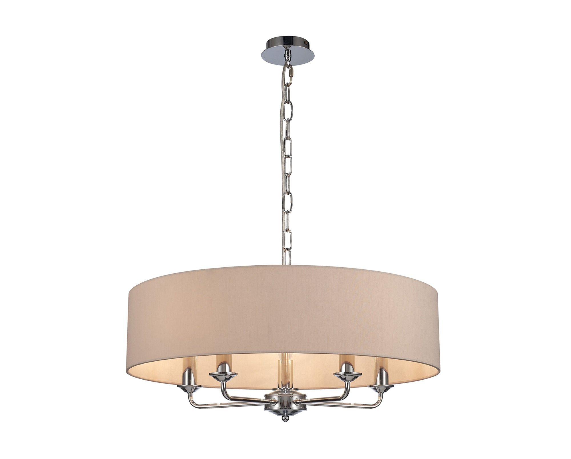 Banyan 5 Light Multi Arm Pendant, c/w 1.5m Chain, E14 Polished Chrome c/w 600mm Dual Faux Silk Shade, Nude Beige/Moonlight