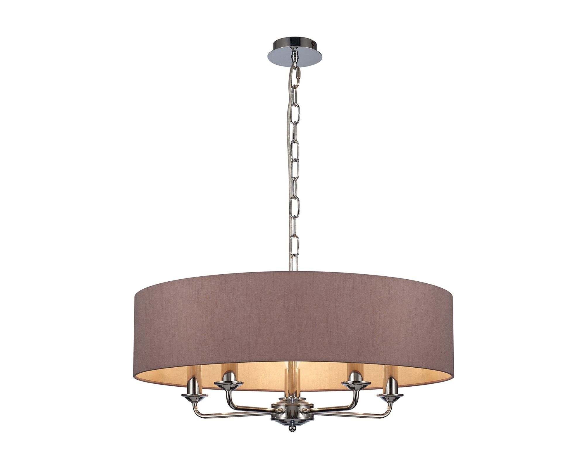 Banyan 5 Light Multi Arm Pendant, c/w 1.5m Chain, E14 Polished Chrome c/w 600mm Dual Faux Silk Shade, Taupe/Halo Gold