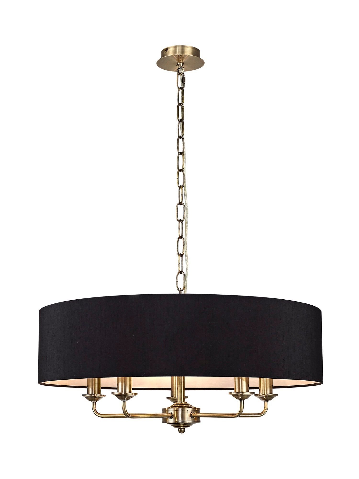 Banyan 5 Light Multi Arm Pendant, c/w 1.5m Chain, E14 Antique Brass c/w 600mm Faux Silk Shade, black