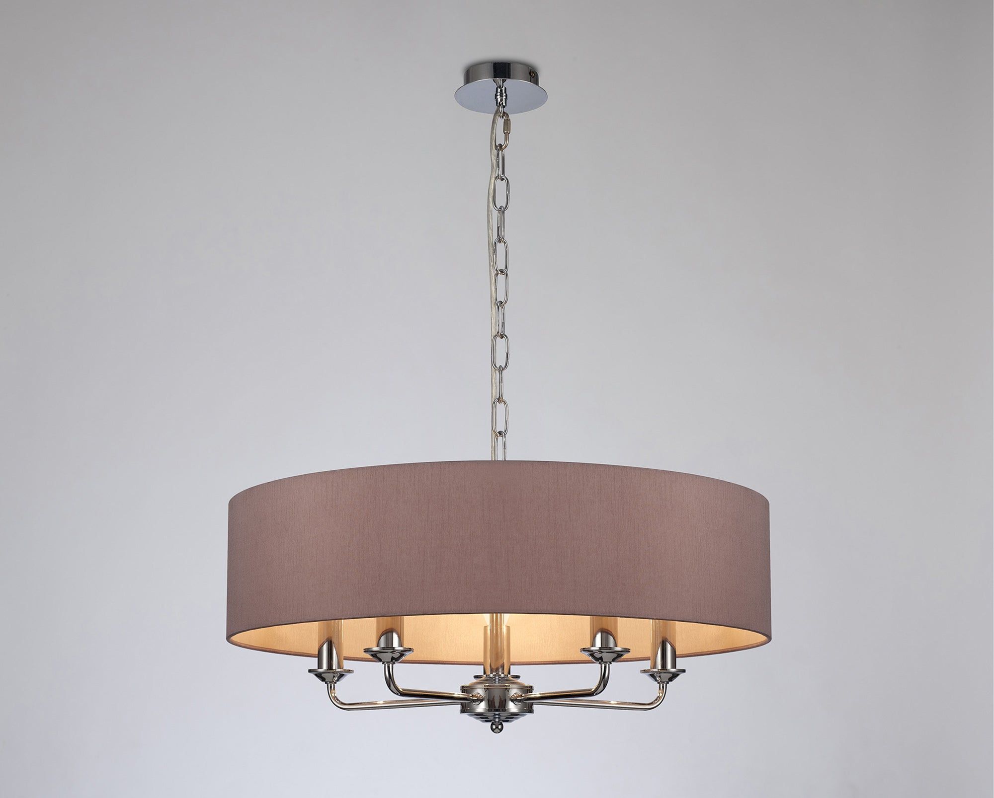 Banyan 5 Light Multi Arm Pendant, c/w 1.5m Chain, E14 Polished Chrome c/w 600mm Dual Faux Silk Shade, Taupe/Halo Gold