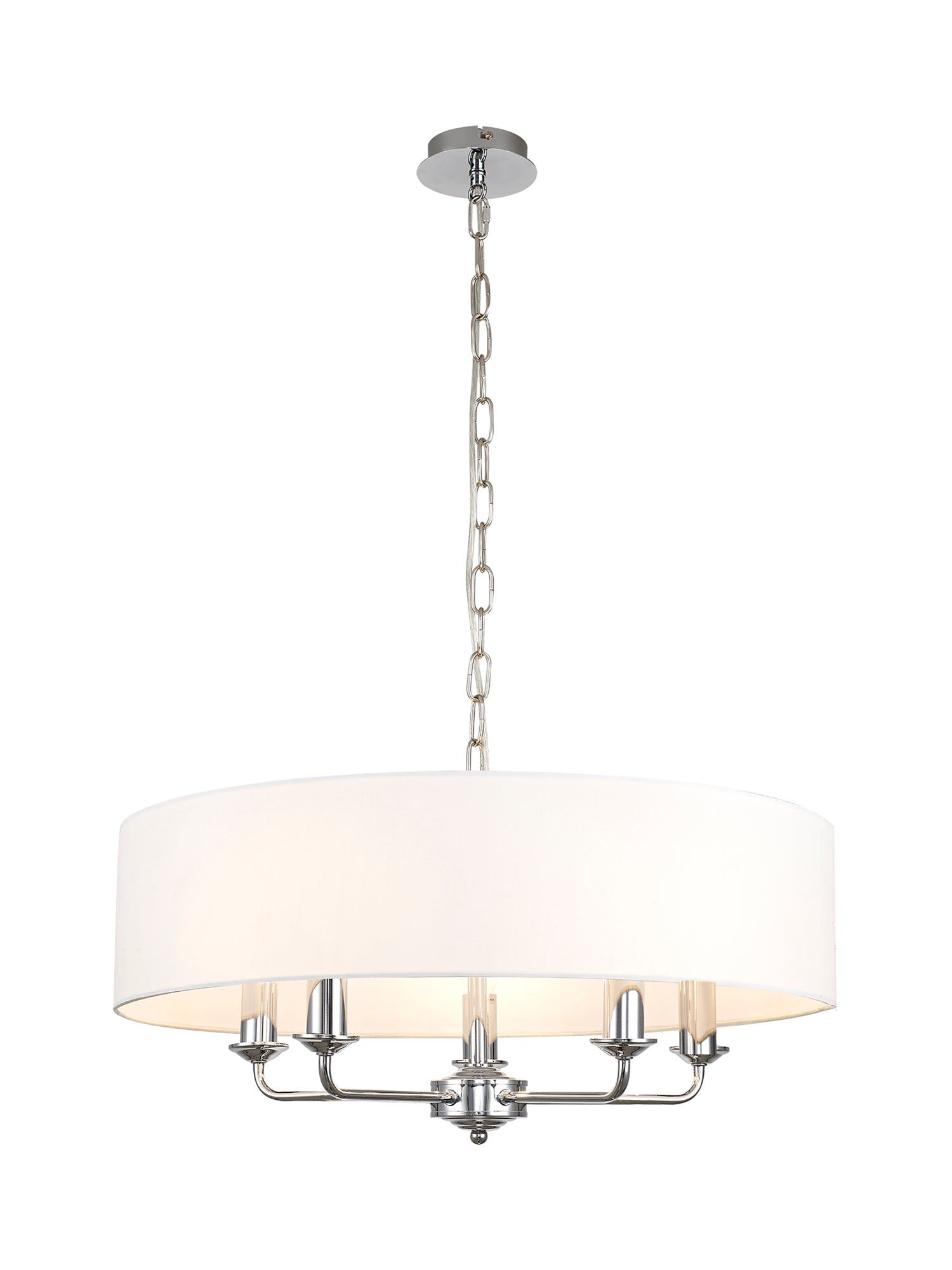 Banyan 5 Light Multi Arm Pendant, c/w 1.5m Chain, E14 Polished Chrome c/w 600mm Faux Silk Shade, White