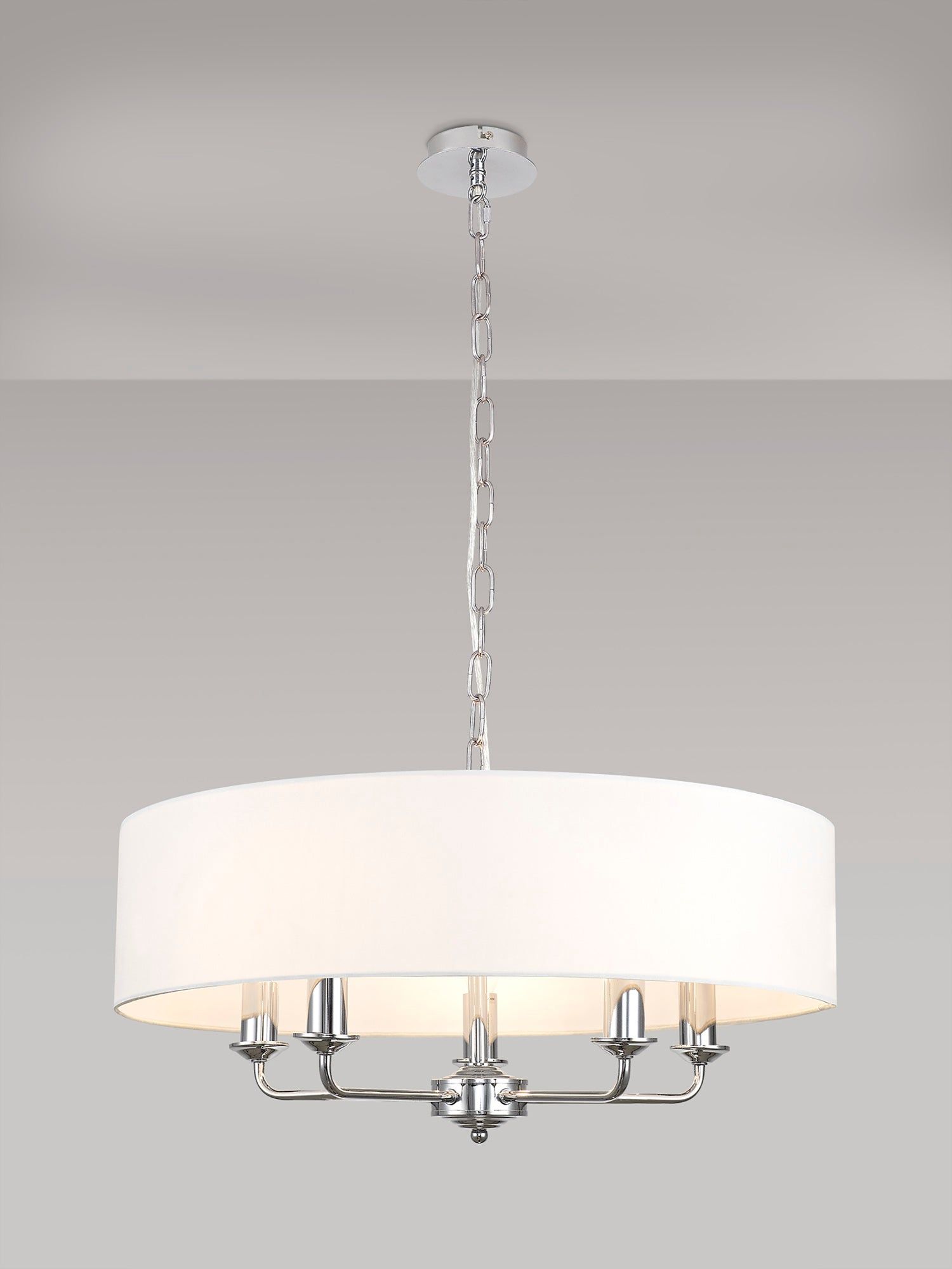 Banyan 5 Light Multi Arm Pendant, c/w 1.5m Chain, E14 Polished Chrome c/w 600mm Faux Silk Shade, White