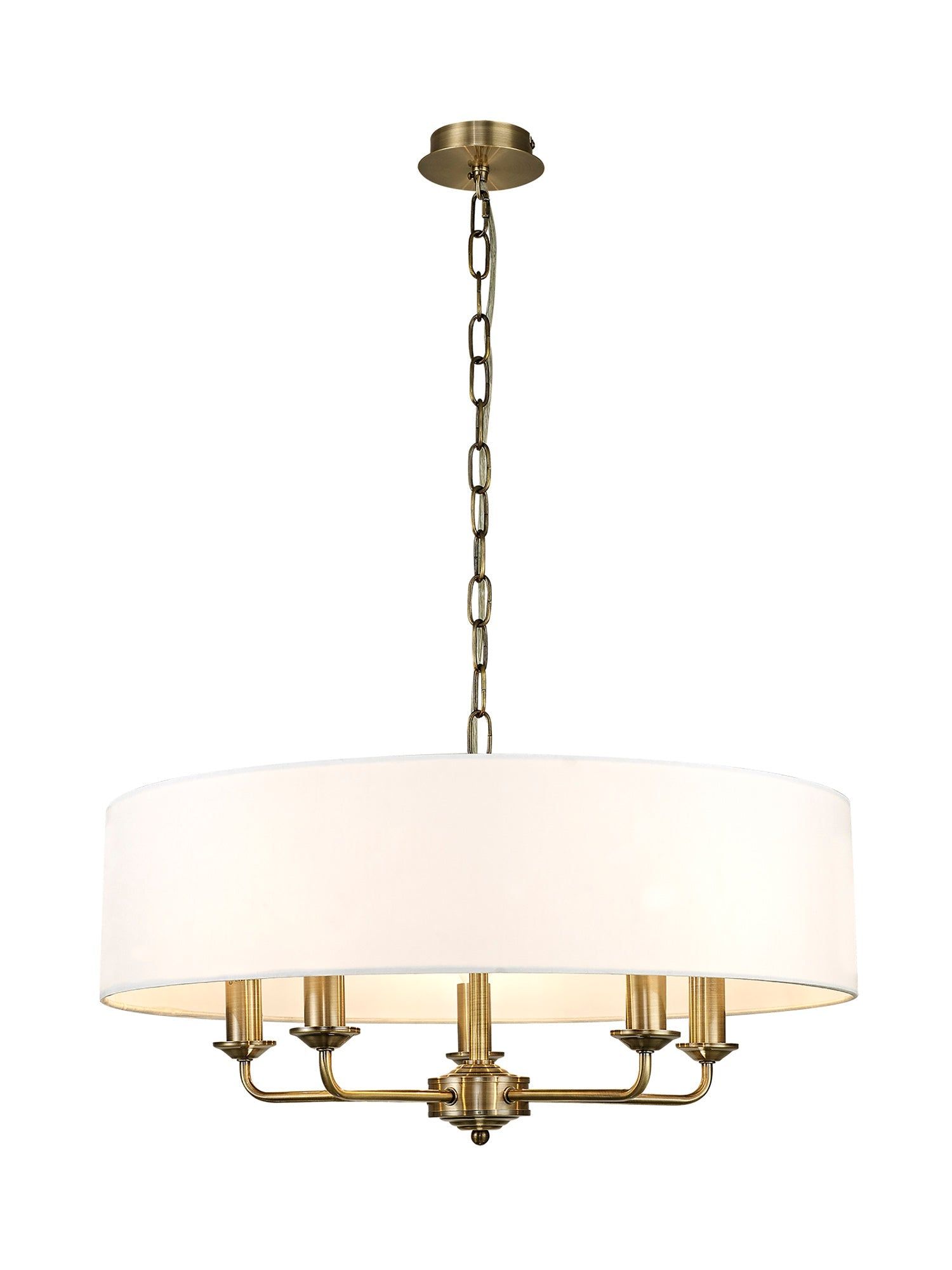 Banyan 5 Light Multi Arm Pendant, c/w 1.5m Chain, E14 Antique Brass c/w 600mm Faux Silk Shade, White