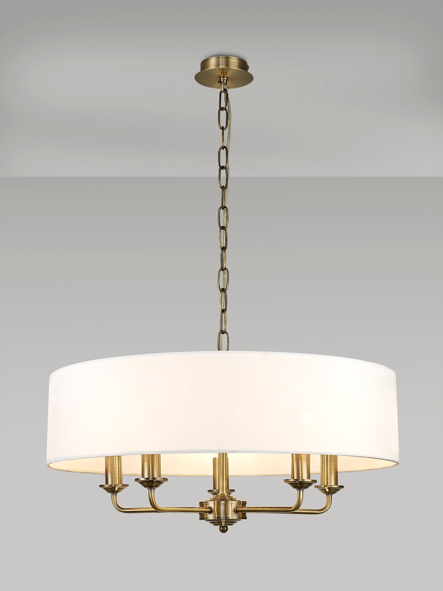 Banyan 5 Light Multi Arm Pendant, c/w 1.5m Chain, E14 Antique Brass c/w 600mm Faux Silk Shade, White