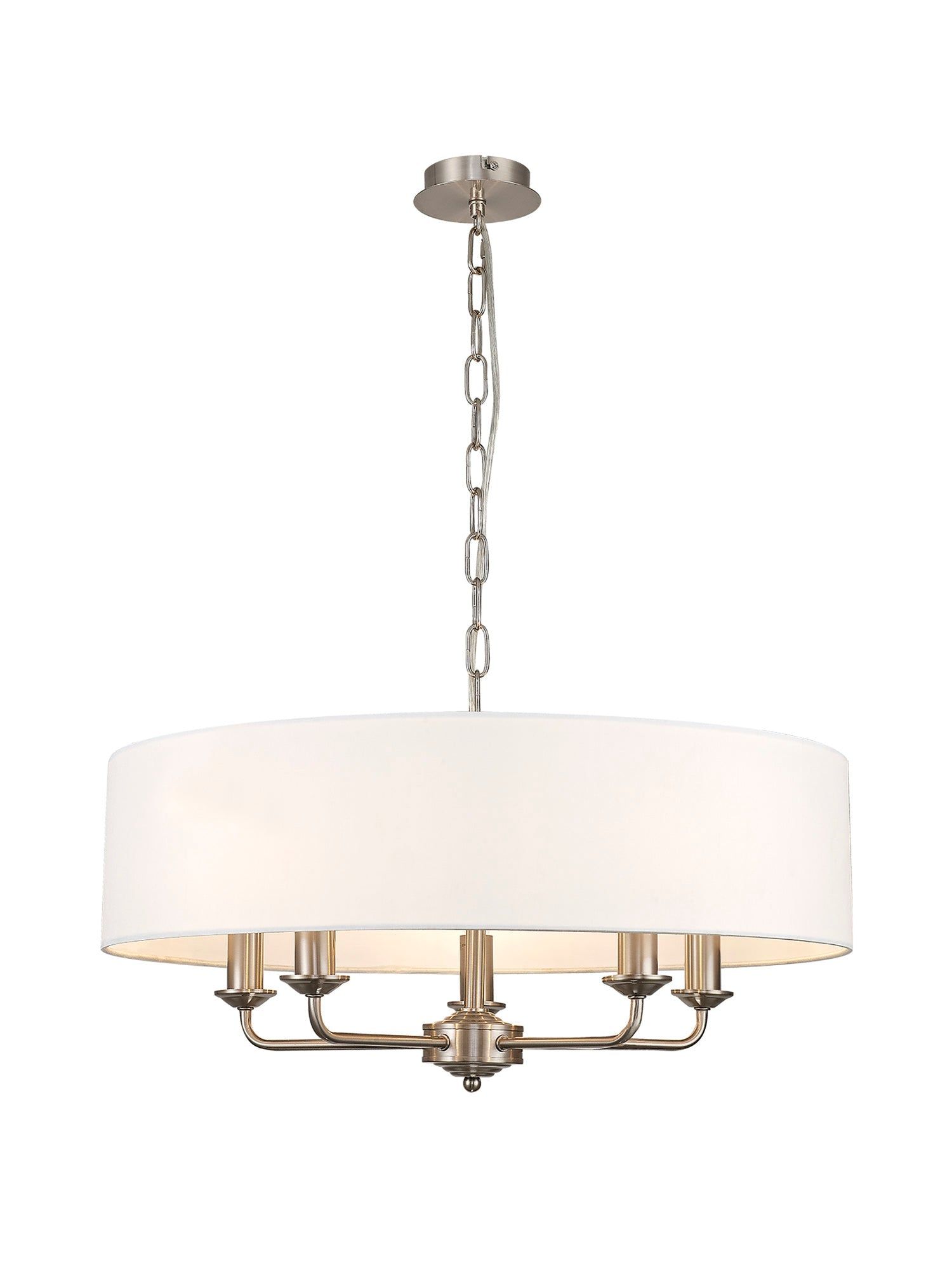 Banyan 5 Light Multi Arm Pendant, c/w 1.5m Chain, E14 Satin Nickel c/w 600mm Faux Silk Shade, White