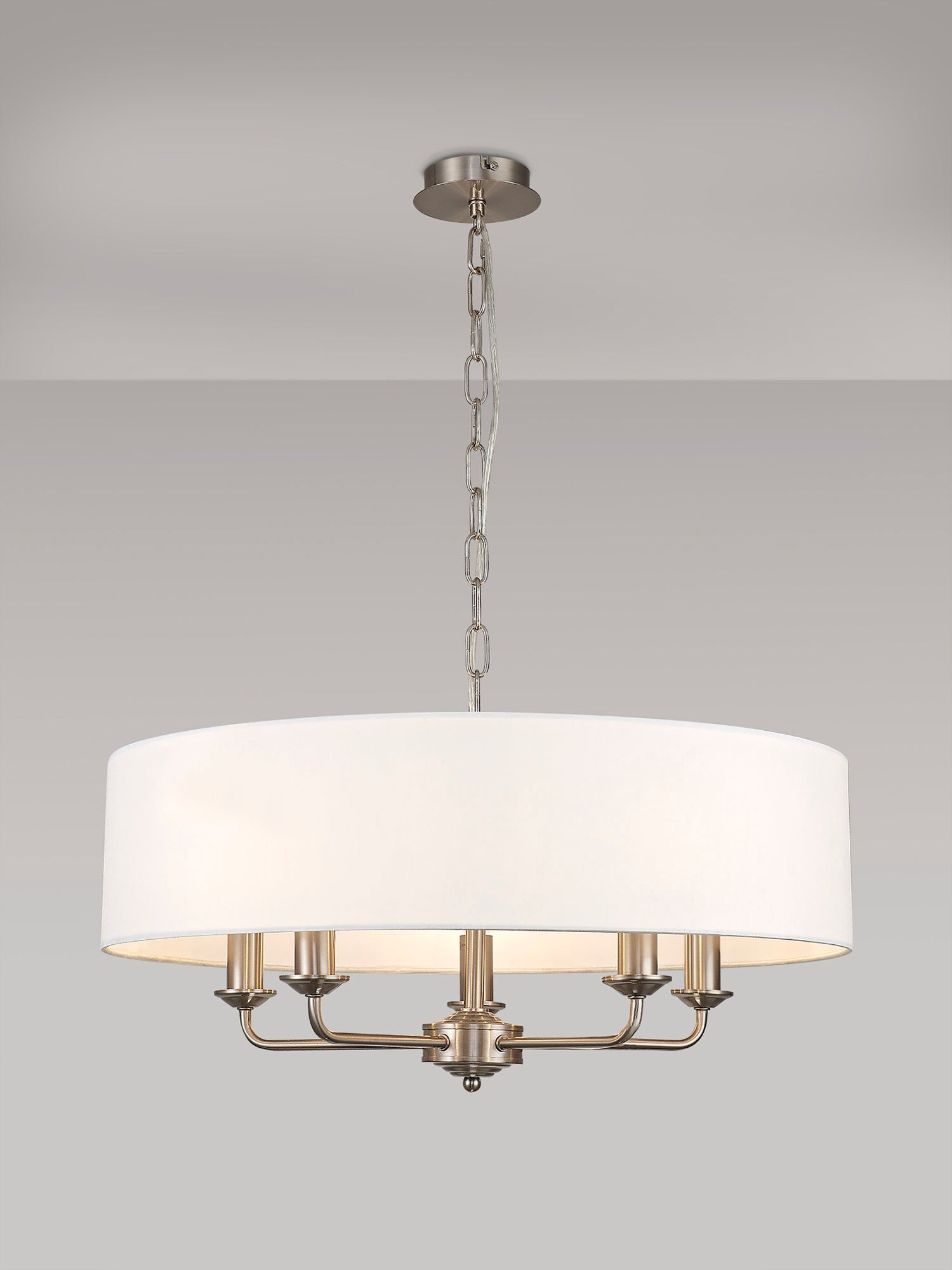 Banyan 5 Light Multi Arm Pendant, c/w 1.5m Chain, E14 Satin Nickel c/w 600mm Faux Silk Shade, White