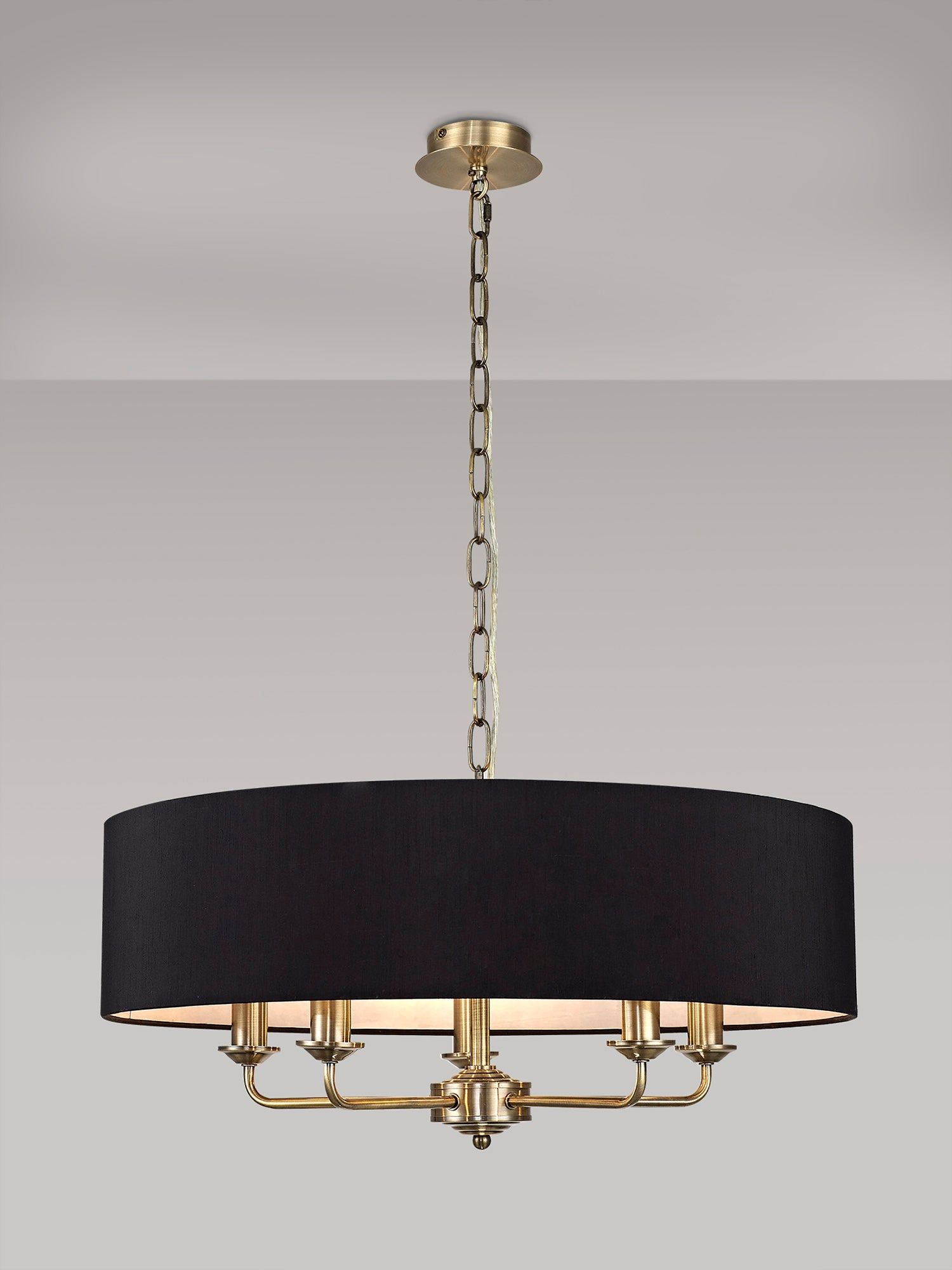 Banyan 5 Light Multi Arm Pendant, c/w 1.5m Chain, E14 Antique Brass c/w 600mm Faux Silk Shade, black