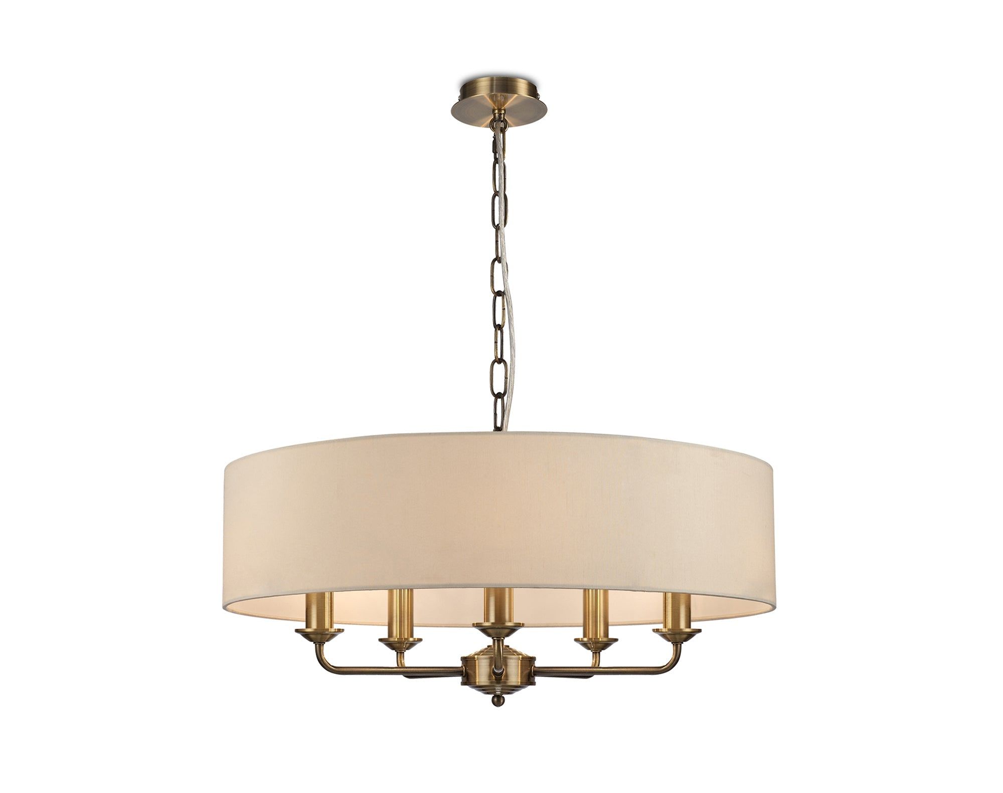 Banyan 5 Light Multi Arm Pendant, c/w 1.5m Chain, E14 Antique Brass c/w 600mm Faux Silk Shade, Ivory Pearl/White Laminate