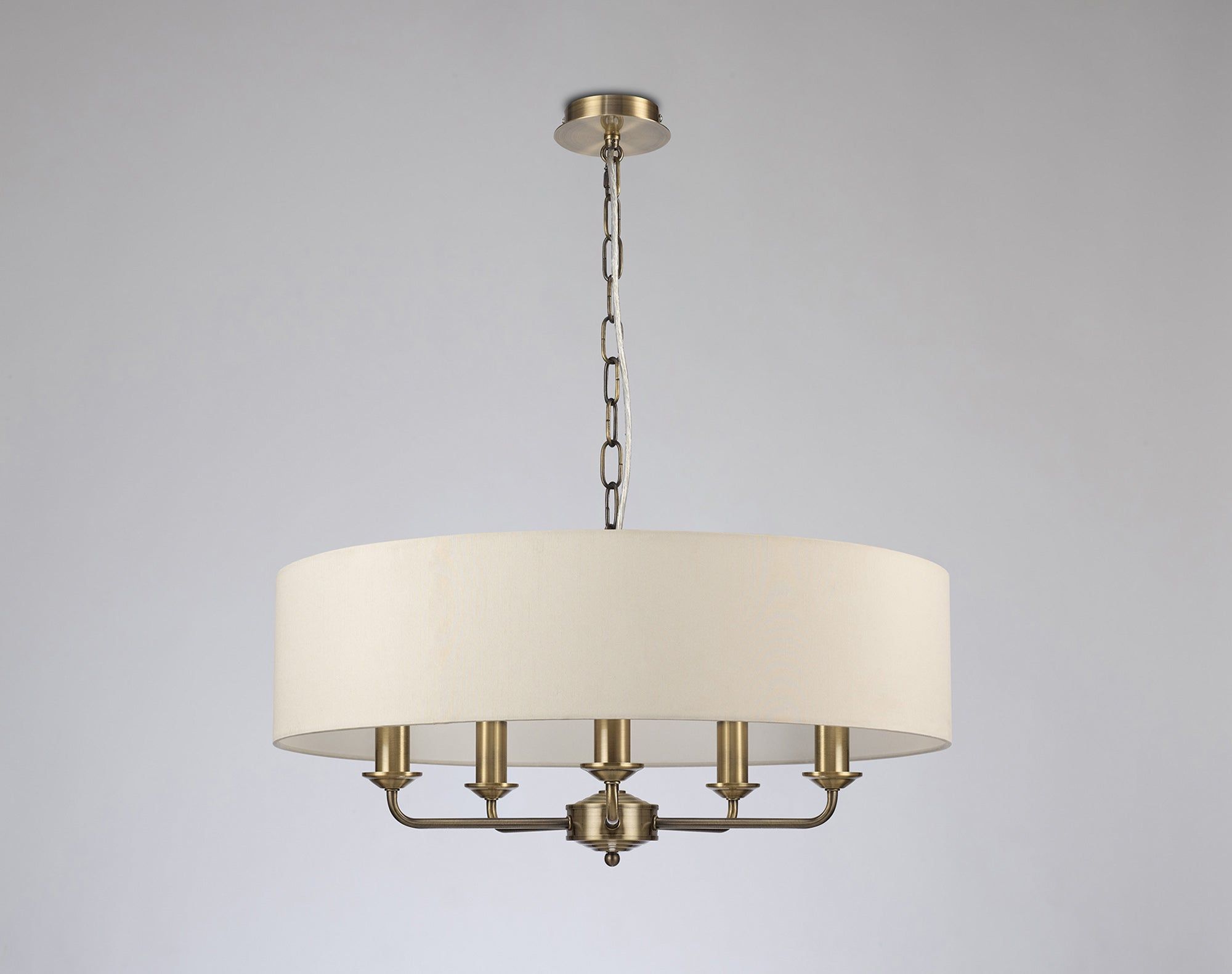 Banyan 5 Light Multi Arm Pendant, c/w 1.5m Chain, E14 Antique Brass c/w 600mm Faux Silk Shade, Ivory Pearl/White Laminate