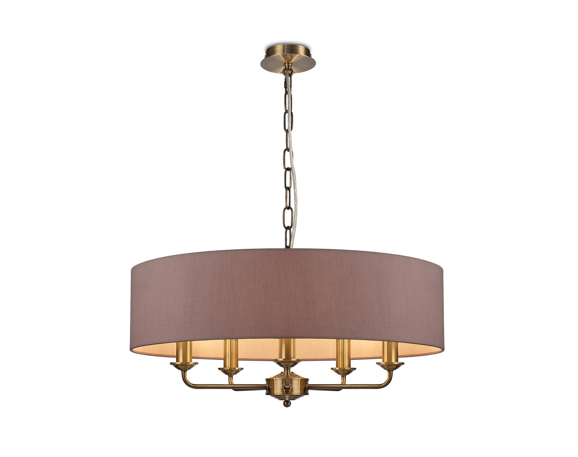 Banyan 5 Light Multi Arm Pendant, c/w 1.5m Chain, E14 Antique Brass c/w 600mm Dual Faux Silk Shade, Taupe/Halo Gold