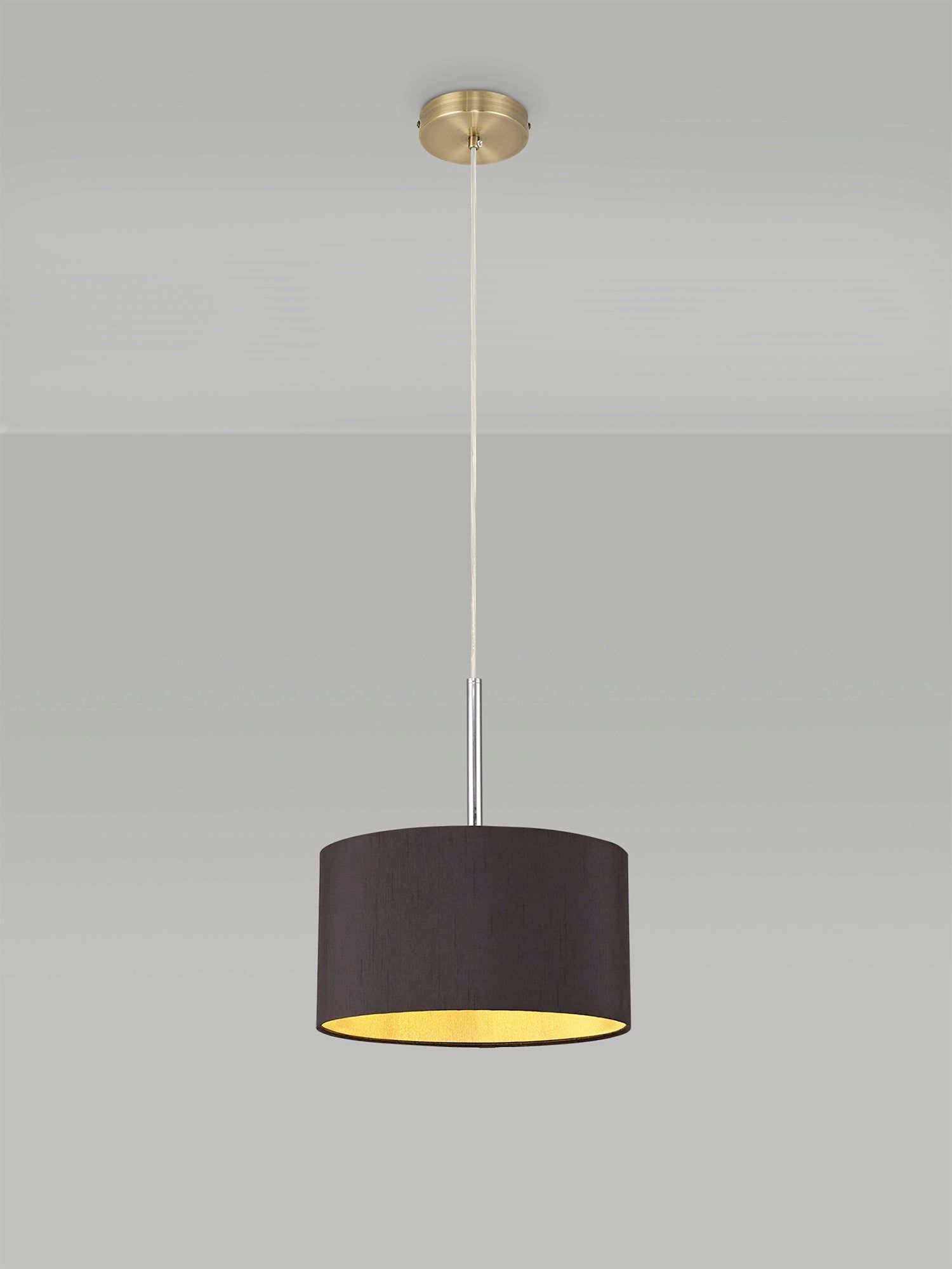 Baymont Antique Brass 1 Light E27 3m Single Pendant c/w 300 x 170mm Dual Faux Silk Fabric Shade, Midnight Black/Green Olive &