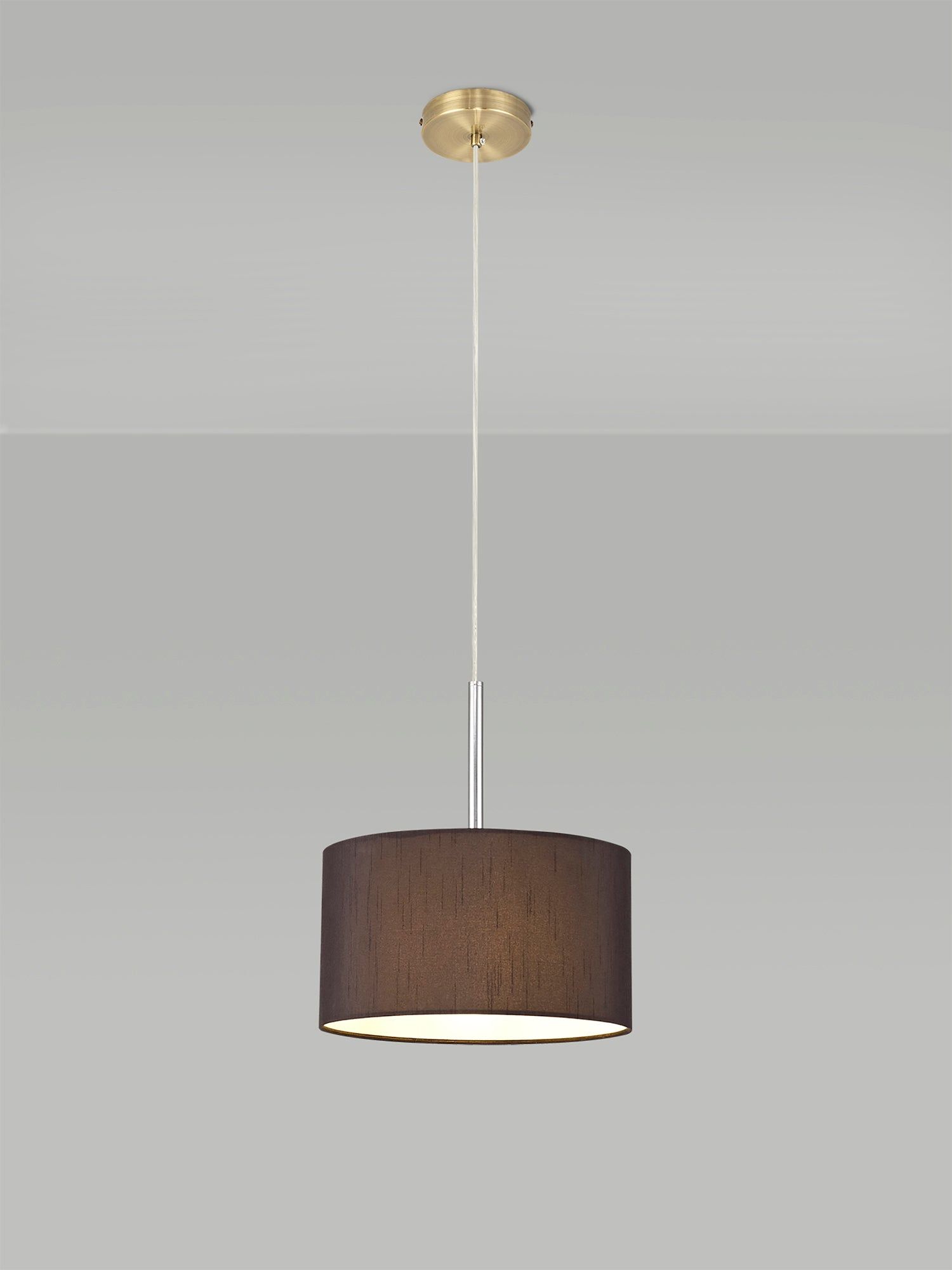 Baymont Antique Brass 1 Light E27 3m Single Pendant c/w 300 x 170mm Faux Silk Fabric Shade, Black/White Laminate &