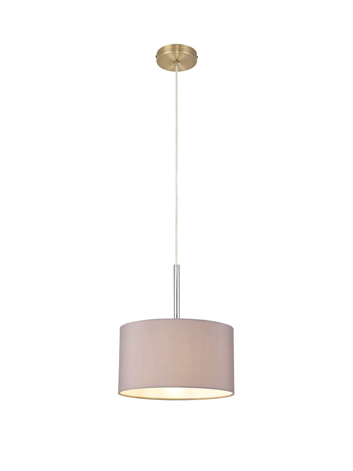 Baymont Antique Brass 1 Light E27 3m Single Pendant c/w 300 x 170mm Faux Silk Fabric Shade, Grey/White Laminate 