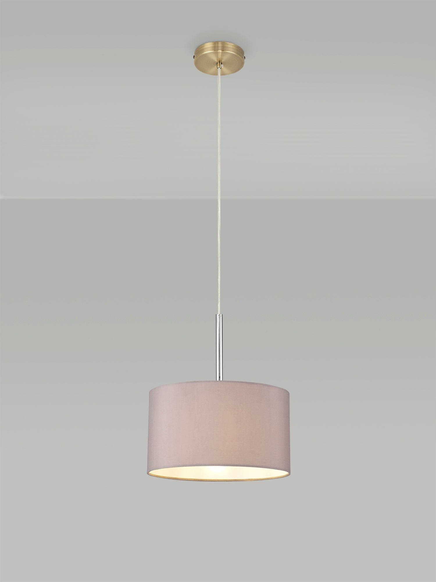 Baymont Antique Brass 1 Light E27 3m Single Pendant c/w 300 x 170mm Faux Silk Fabric Shade, Grey/White Laminate 