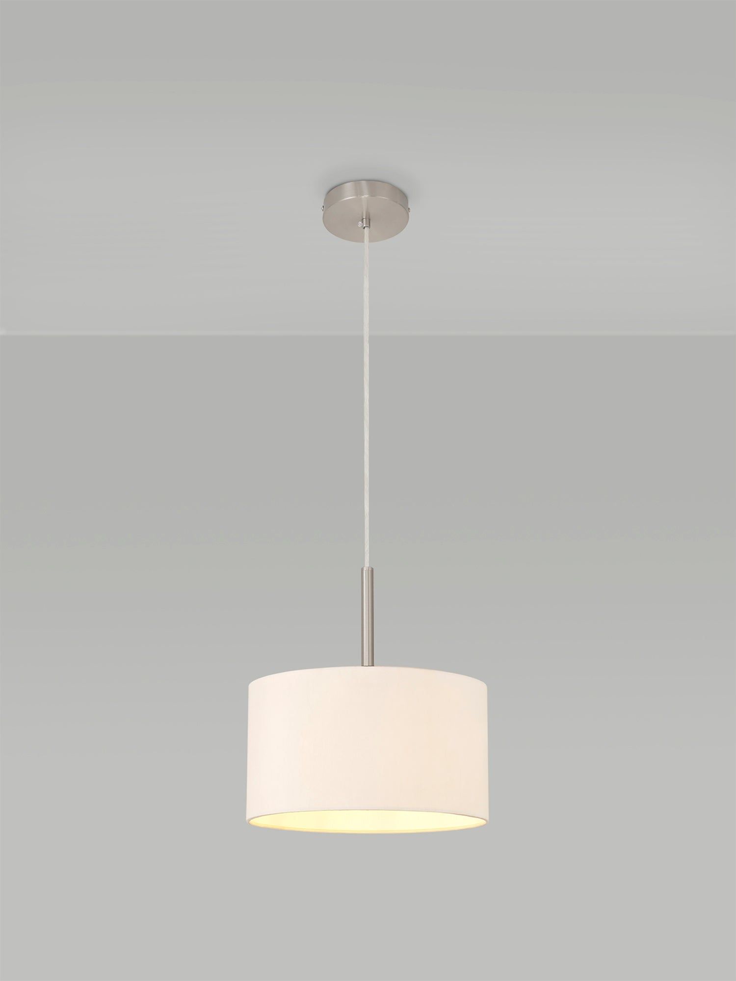 Baymont Satin Nickel 1 Light E27 3m Single Pendant c/w 300 x 170mm Dual Faux Silk Fabric Shade, Nude Beige/Moonlight