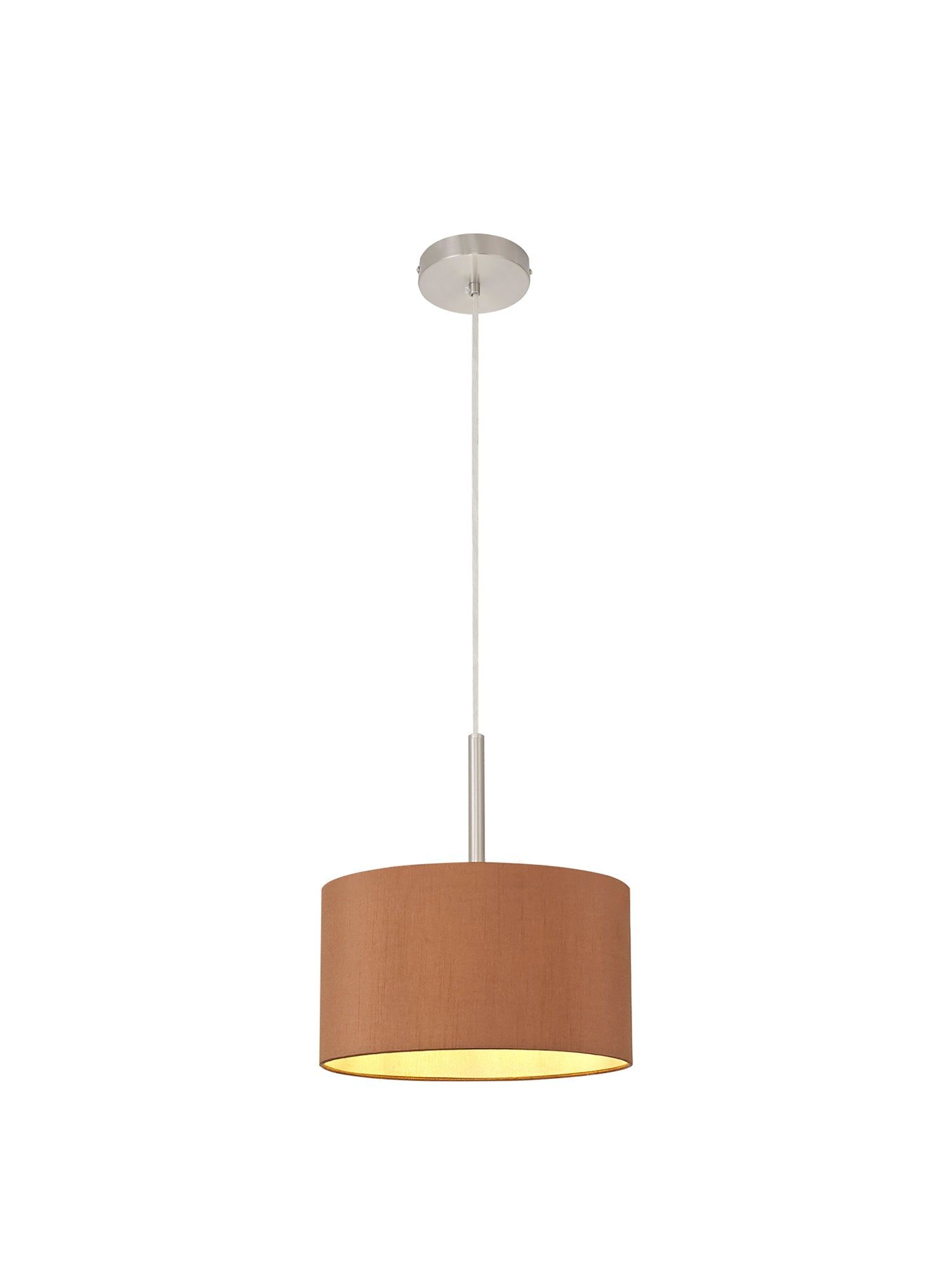 Baymont Satin Nickel 1 Light E27 3m Single Pendant c/w 300 x 170mm Dual Faux Silk Fabric Shade, Raw Cocoa/Grecian Bronze