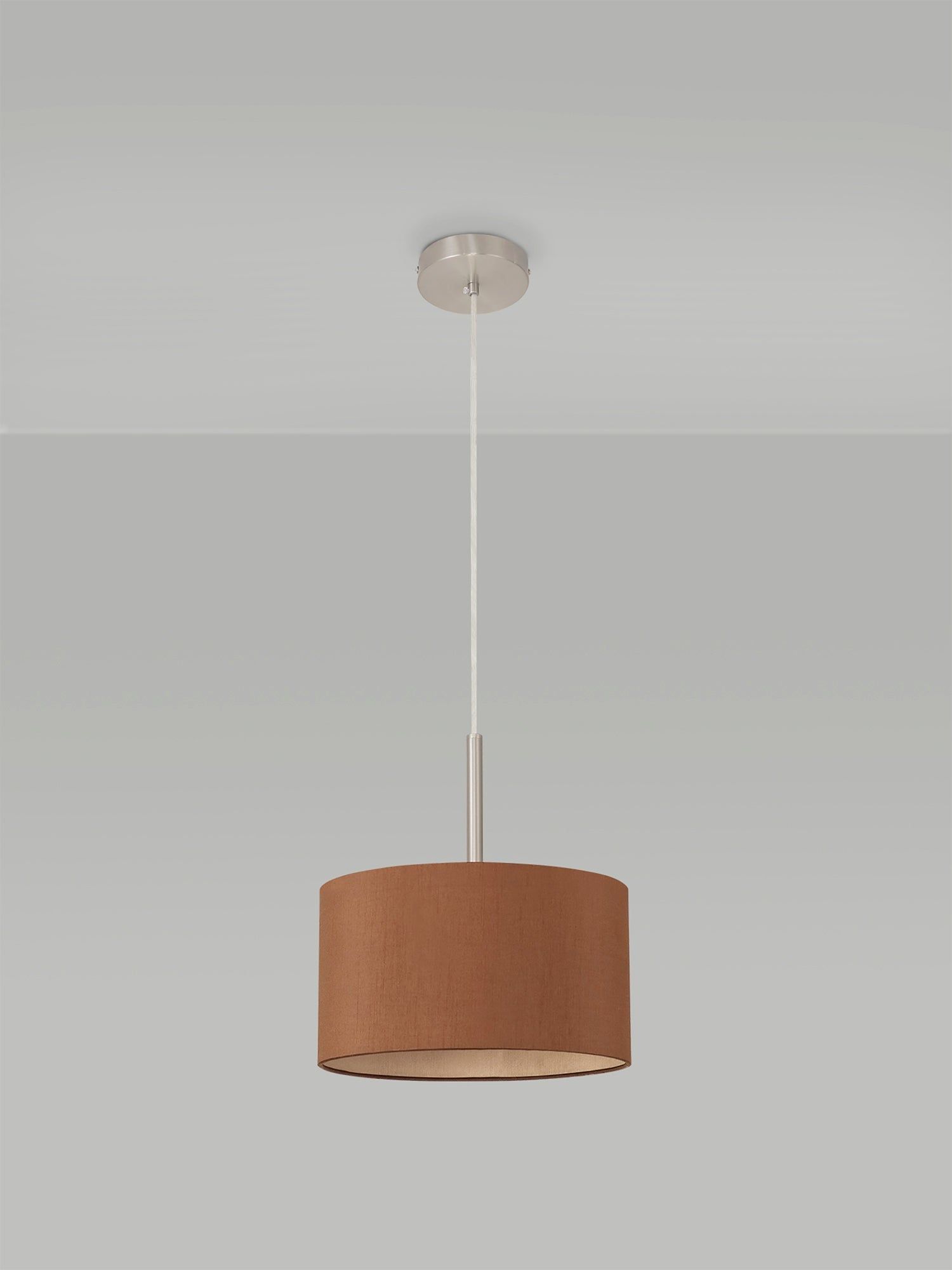 Baymont Satin Nickel 1 Light E27 3m Single Pendant c/w 300 x 170mm Dual Faux Silk Fabric Shade, Raw Cocoa/Grecian Bronze